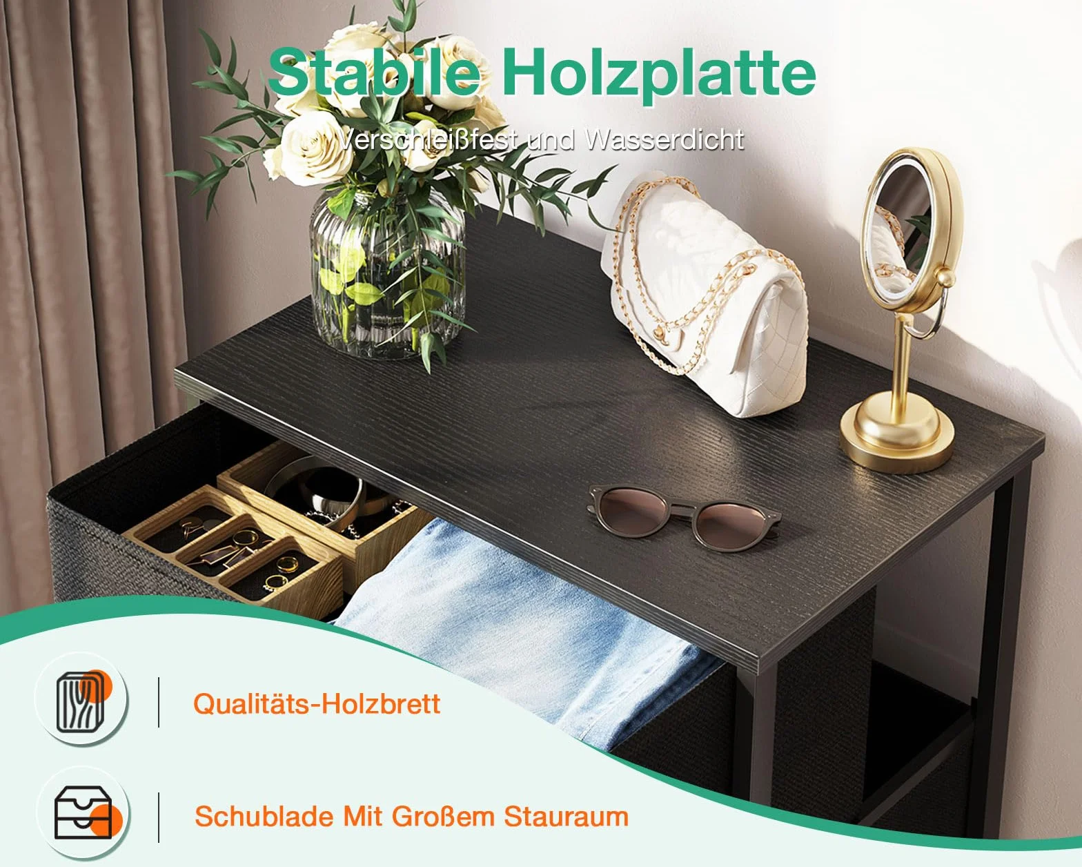 Coleshome Wąska komoda z szufladami, z 4 szufladami, mała komoda z szufladą tekstylną, stabilna rama stalowa, płyta drewniana, nadaje się do sypialni i salonu, czarna