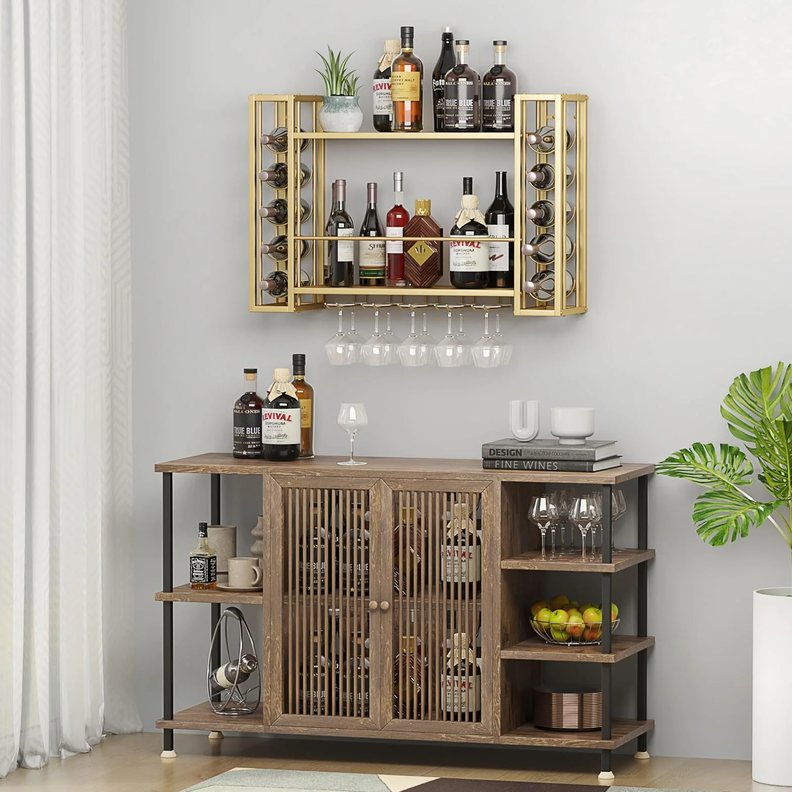 Naścienny stojak na wino, wiszące półki na alkohol z uchwytem na szkło, metalowy uchwyt na butelkę, półka ekspozycyjna do domowego baru, złoty