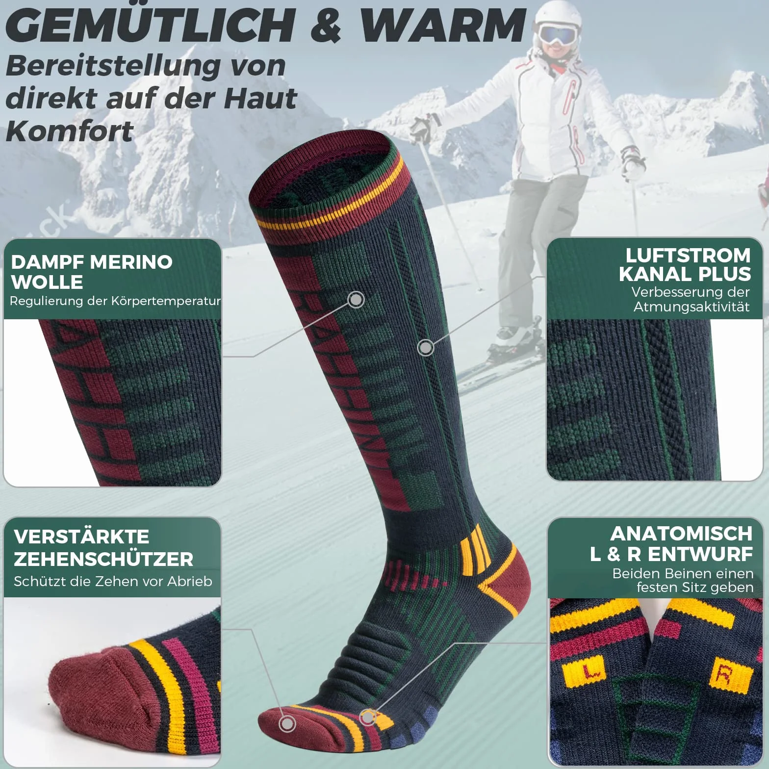 2 pary skarpet narciarskich z wełny merynosów dla mężczyzn, kobiet i młodzieży, kompresyjne skarpety snowboardowe, wysokie do kolan, grube skarpety termiczne na zimną pogodę, oddychające,