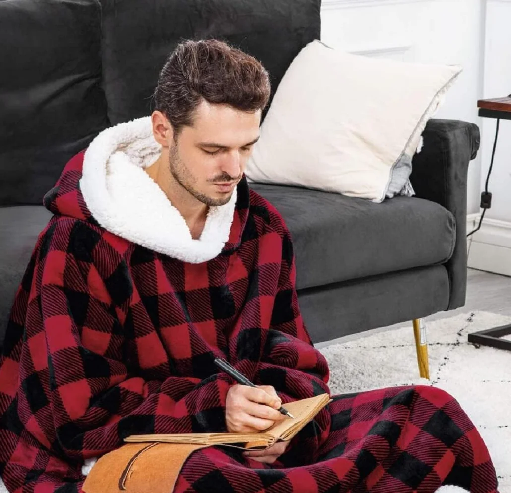 Sacebeleu Przytulny koc z rękawami, oversize, miękki koc z kapturem, Sherpa dla kobiet i mężczyzn, puszysty flanelowy koc do oglądania telewizji z rękawami, przenośny, na całe ciało, kratka