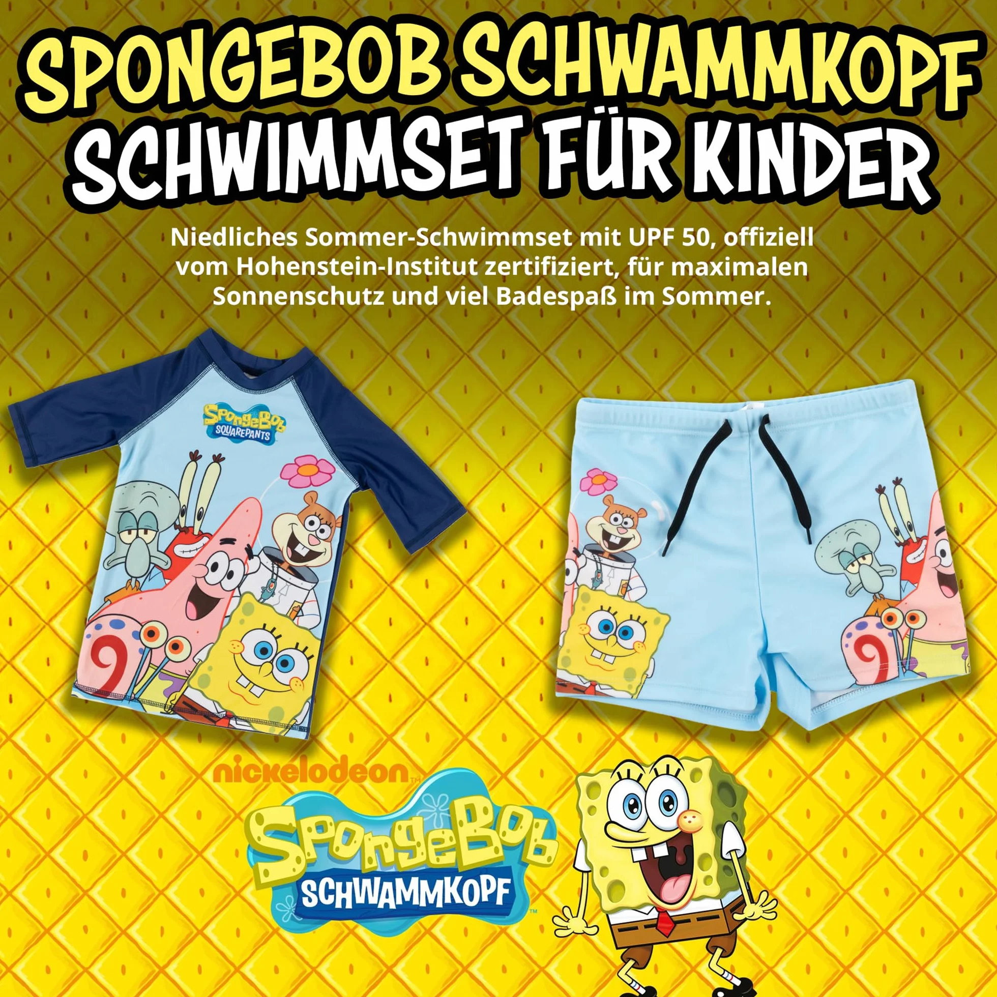 United Labels Spongebob Kanciastoporty kostium kąpielowy dwuczęściowy, ochrona UV 50, dla chłopców, niebieski, moda kąpielowa dla dzieci, z koszulką i kąpielówkami, strój kąpielowy