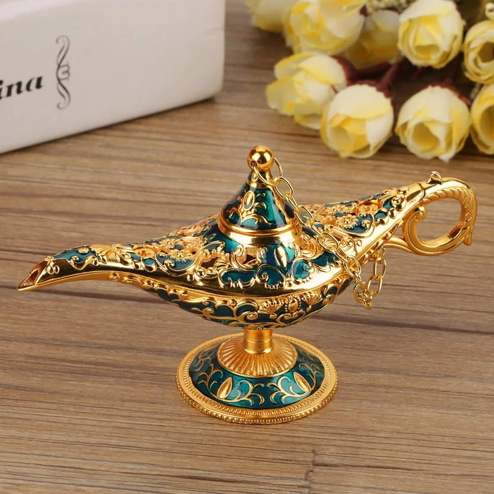 Lampa dekoracyjna 3D vintage metalowa rzeźbiona magiczna dżin palnik kadzidła złoto-niebieski