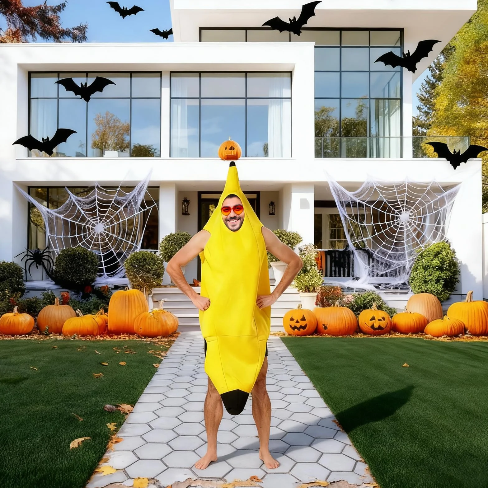 Zabawny kostium bananowy dla dorosłych, uniseks, z żółtymi okularami, na karnawał, Halloween, cosplay, zabawny kostium dla mężczyzn i kobiet, 150-175 cm