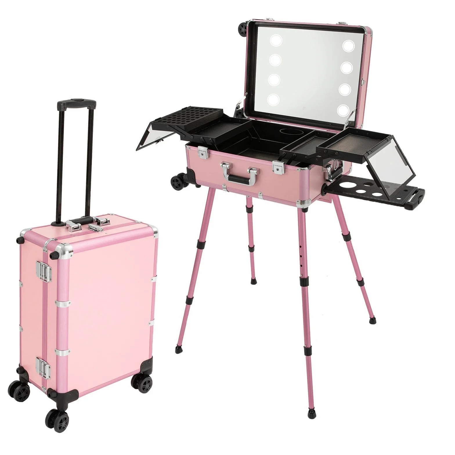 Rolling Makeup Train Case, aluminiowa walizka na kosmetyki z lusterkami, duża walizka na kółkach, organizer do paznokci, protable Salon Station