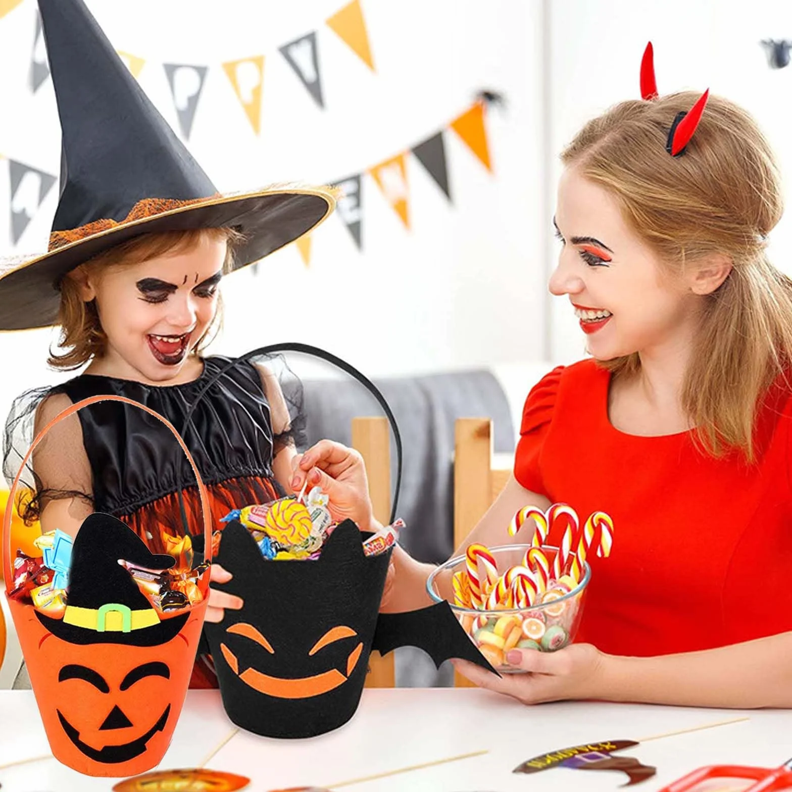 Zestaw wiader na Halloween, 2 filcowe kosze na słodycze z motywem dyni i nietoperza, kosz na Halloween dla dzieci, miska na słodycze do kolekcjonowania i dekorowania