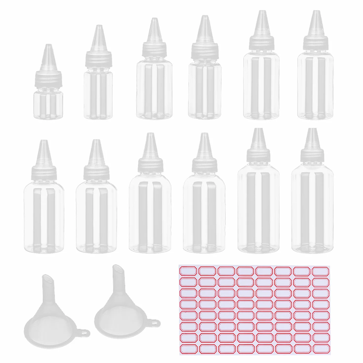 Butelki do wyciskania 5-100 ml z 2 lejami, 64 naklejki, przyciemniana butelka push, przezroczysta butelka do balsamu