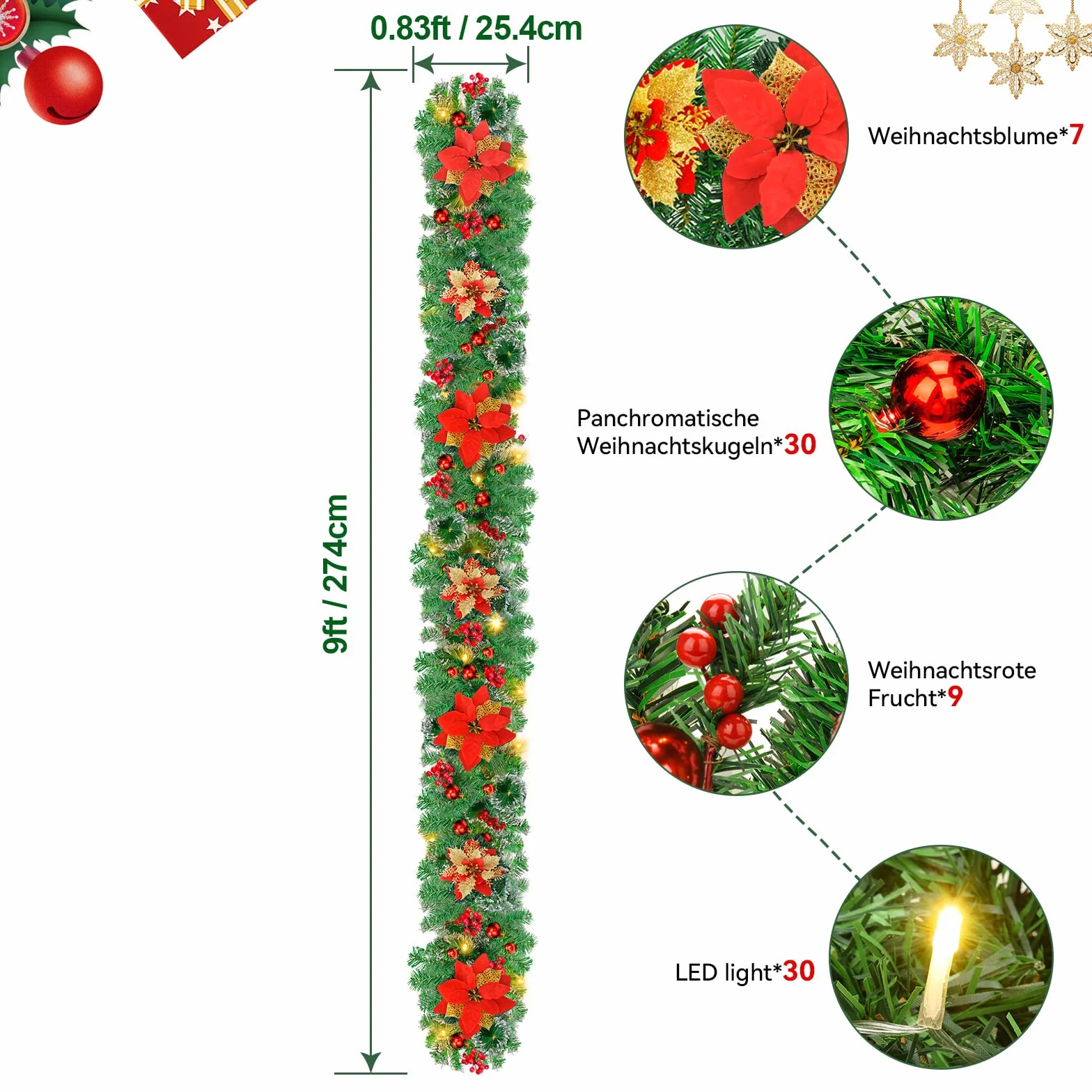Girlanda Bożonarodzeniowa LED 270 cm Sztuczna Dekoracja Wisząca Czerwona