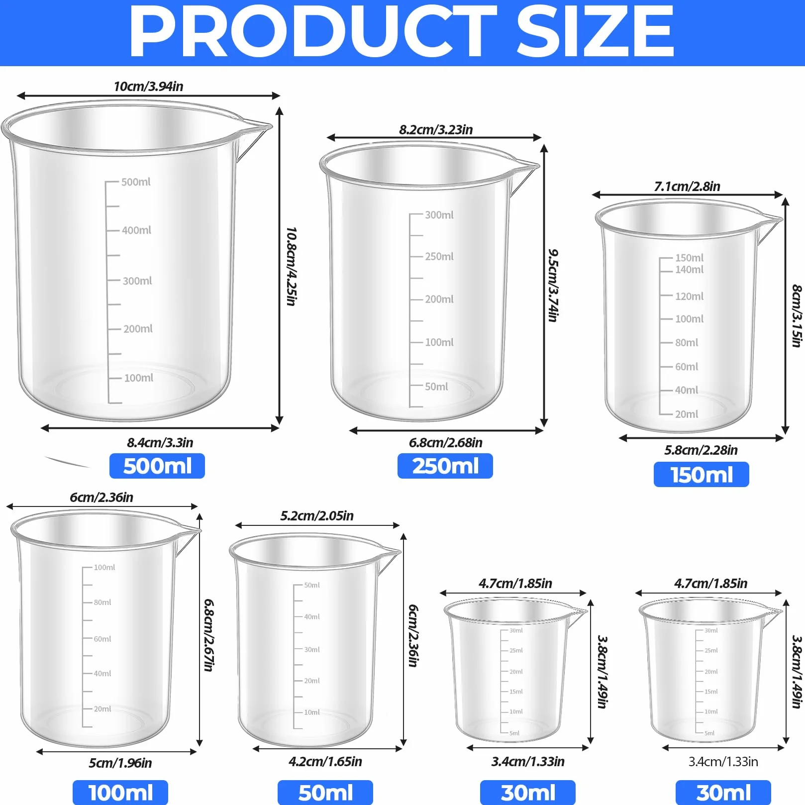 Zestaw 7 kubków z miarką, ML 30 ml, 50 ml, 100 ml, 150 ml, 250 ml, 500 ml, miarka, precyzyjna, odporna na wysokie temperatury, tworzywo sztuczne, mała miarka ze skalą do laboratorium