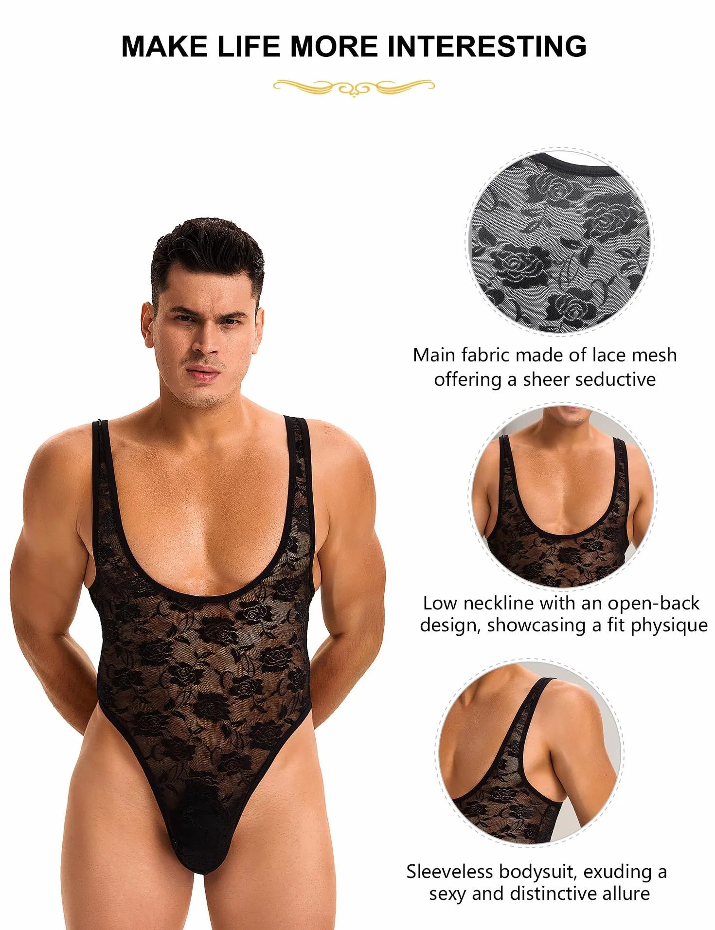 ohmydear Męskie body z siatki bielizna męska uwodzicielska gorąca mamuśka seksowna bielizna męska bez rękawów bodystocking męska seksowna odzież bez pleców plus size