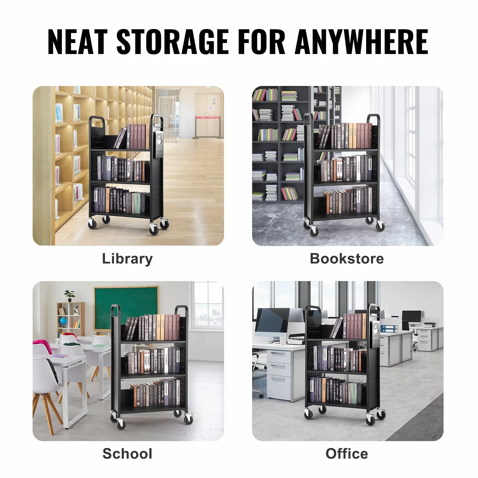 VEVOR Wózek na książki, wózek biblioteczny 150 kg, 79 cm x 38 cm x 125 cm, jednostronne płaskie półki w kształcie litery L z zamykanymi kółkami na półki domowe, do biura i szkoły, w kolorze czarnym