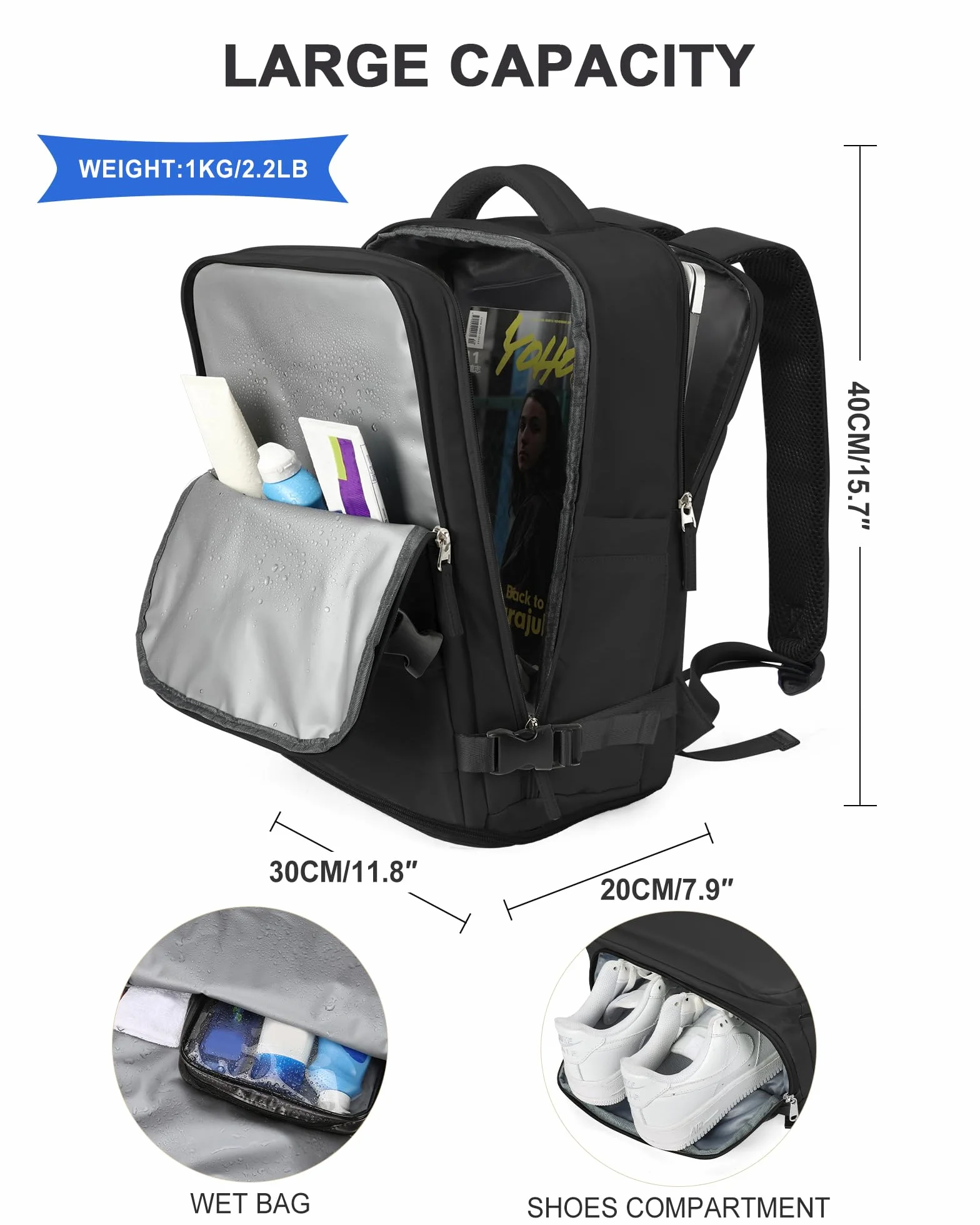 SZLX Duży Plecak Podróżny dla Kobiet, Ryanair 40x30x20 Plecak Wizz Air Cabin Bag Plecak Wodoodporny Plecak Biznesowy na Laptopa Podróżny dla Mężczyzn Bagaż Podręczny samolotowy z przegrodą na buty