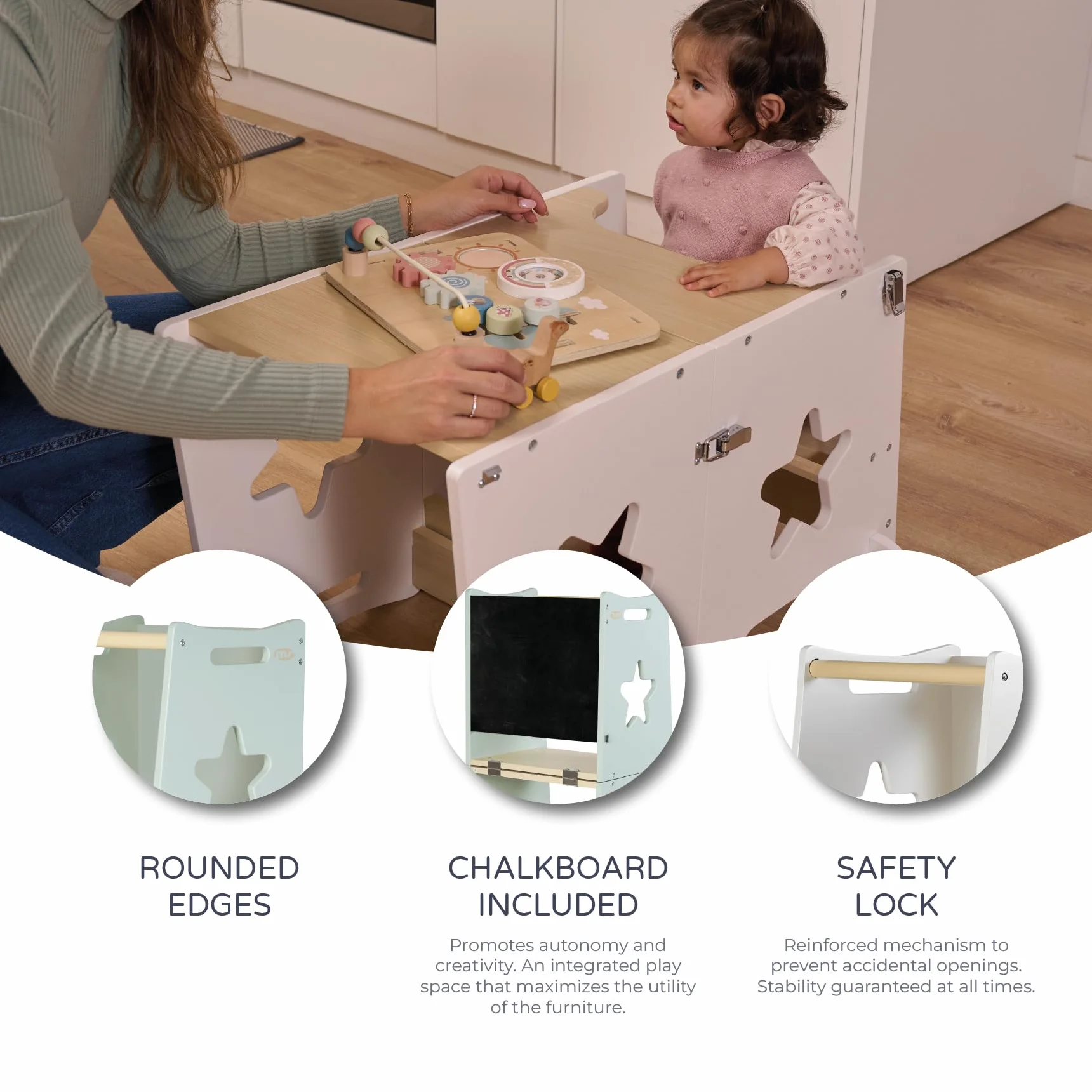 BabyWorld Learn Up wieża edukacyjna Montessori z litego drewna składana z drążkiem bezpieczeństwa