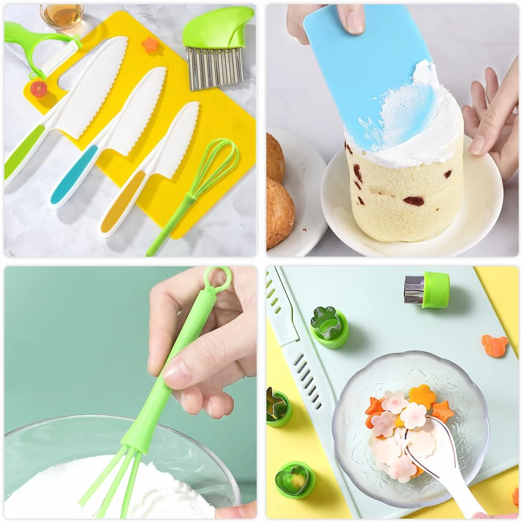 Noże dla dzieci, 17 sztuk noży dziecięcych Montessori, noże kuchenne dla dzieci, w tym drewniany nóż, deska do krojenia i obieraczka, krokodyl, zestaw noży do krojenia owoców lub warzyw