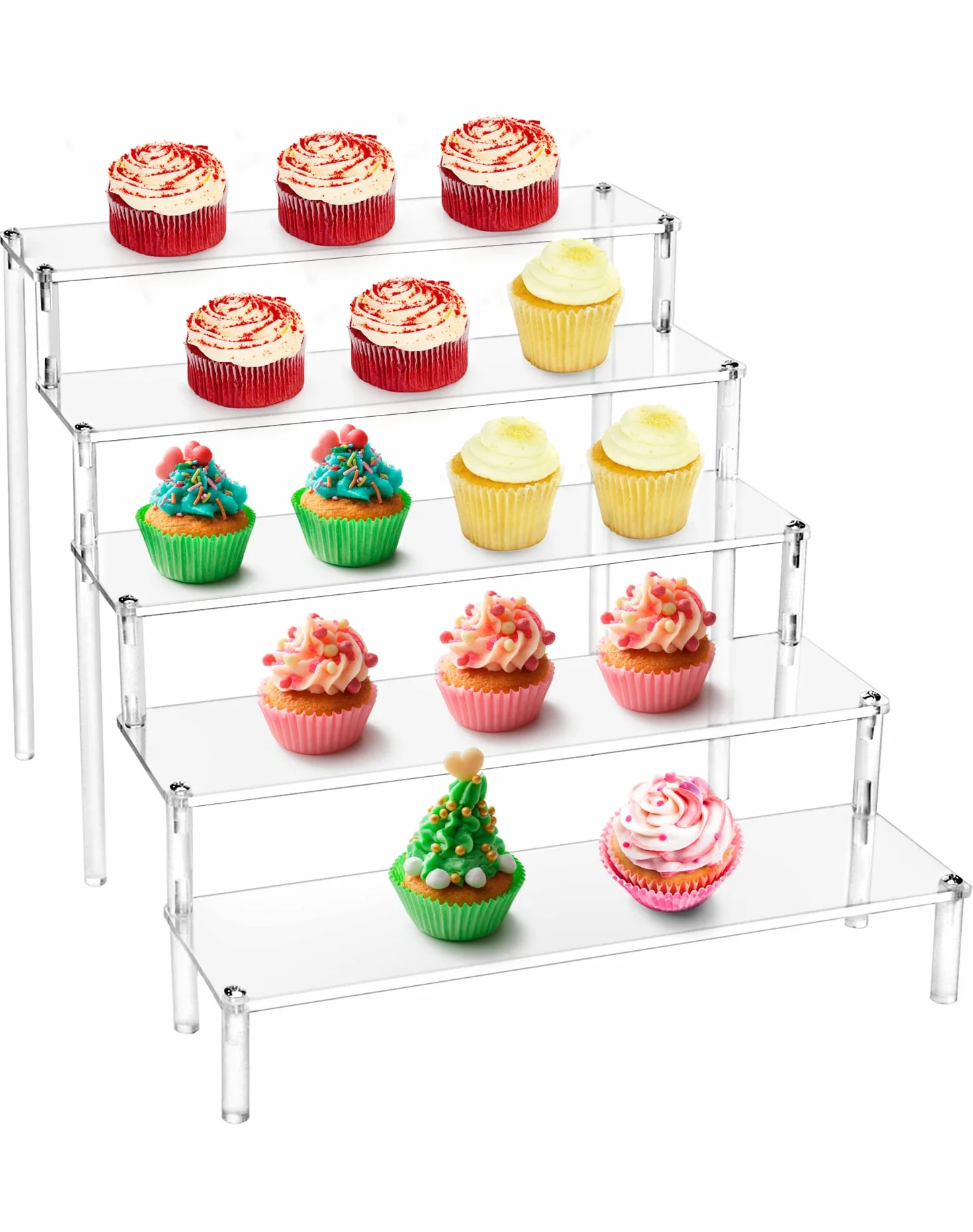 QWORK® 2-Pack 5-poziomowe akrylowe stojaki ekspozycyjne, przezroczysta akrylowa półka podwyższająca na figurki, biżuterię, babeczki, szminki, lakiery do paznokci, przyprawy - 30x32x25cm