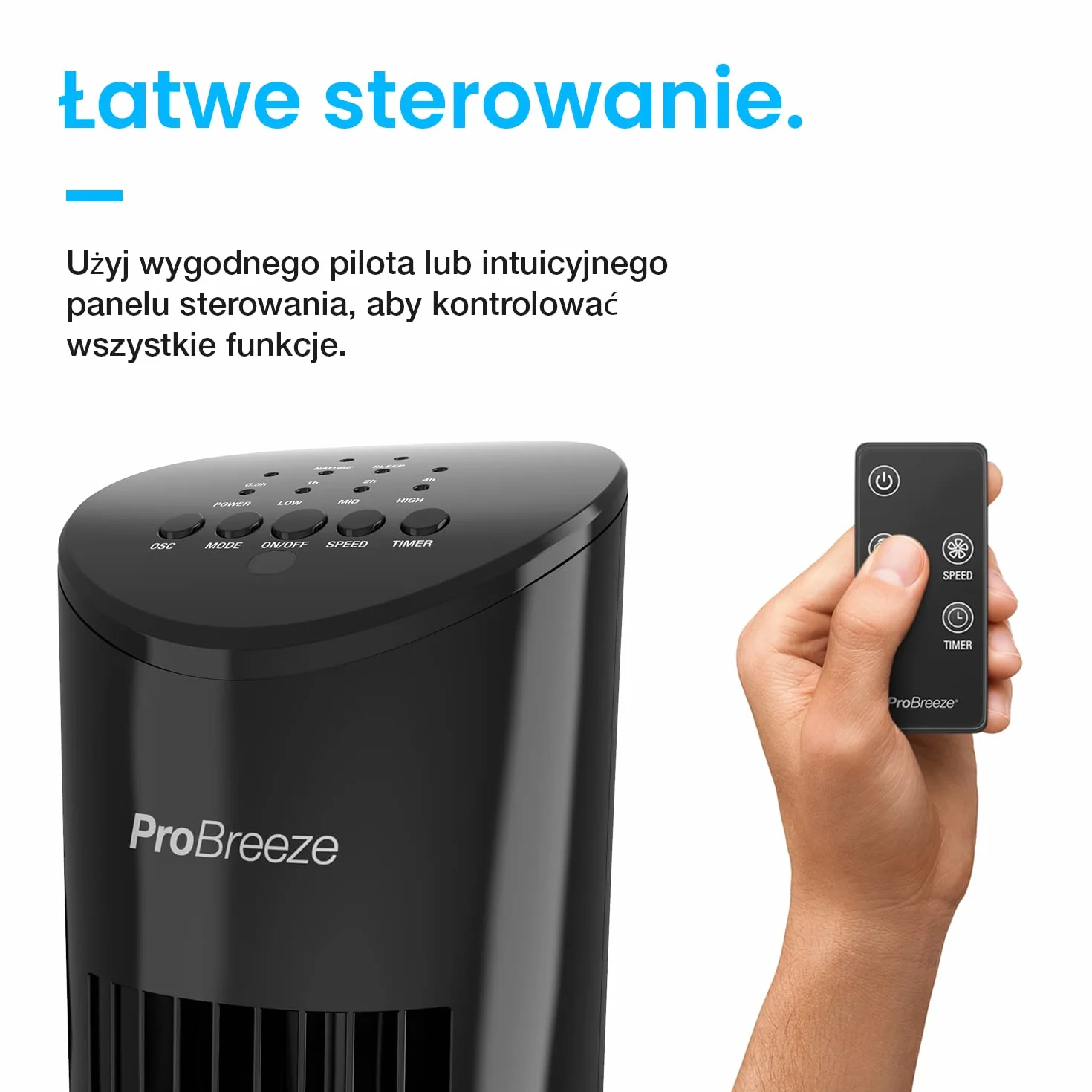Pro Breeze Wentylator Kolumnowy 60W 76 cm Bezśmigłowy z Pilotem Automatyczna Oscylacja 7.5h Timer Czarny