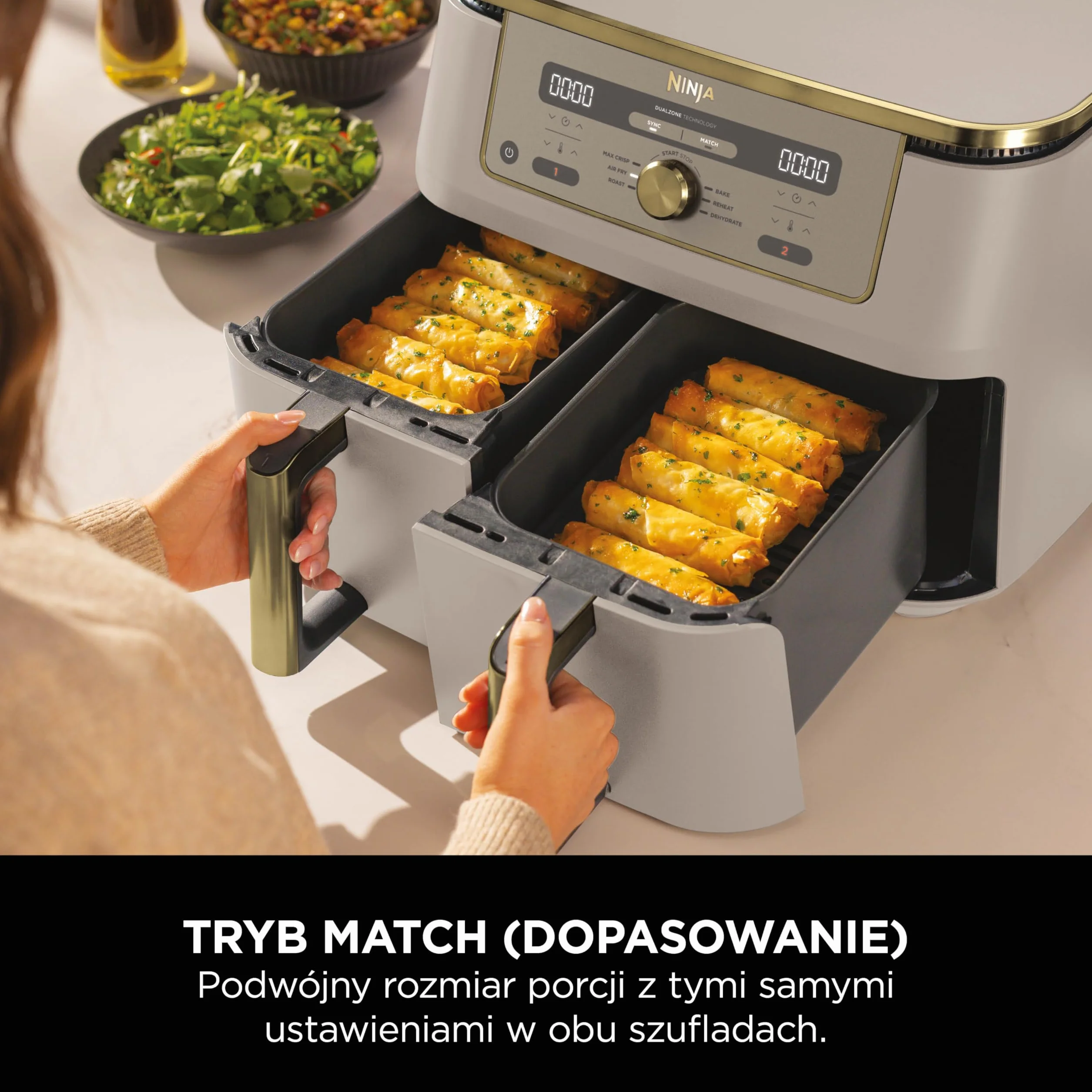 Ninja MAX Dwustrefowa frytkownica, 2 szuflady, 9,5 l, zero oleju, Air Fry, Max Crisp, Roast, Bake, Reheat, Dehydrate, nieprzywierające kosze do mycia w zmywarce, Złoty odcień kamienia, DZ400EUSTGD