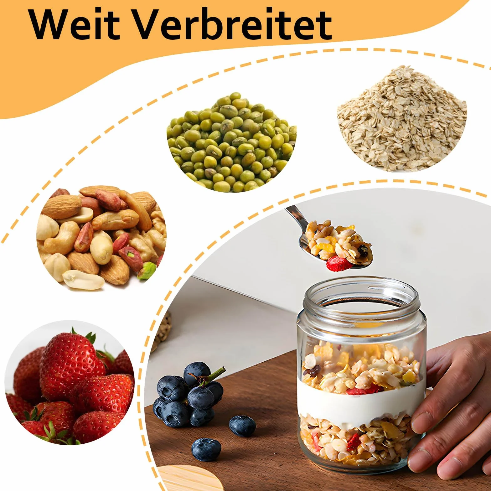 Szklane słoiki Overnight Oatmeal 500 ml 4 szt. z bambusową pokrywką i łyżką ze stali nierdzewnej