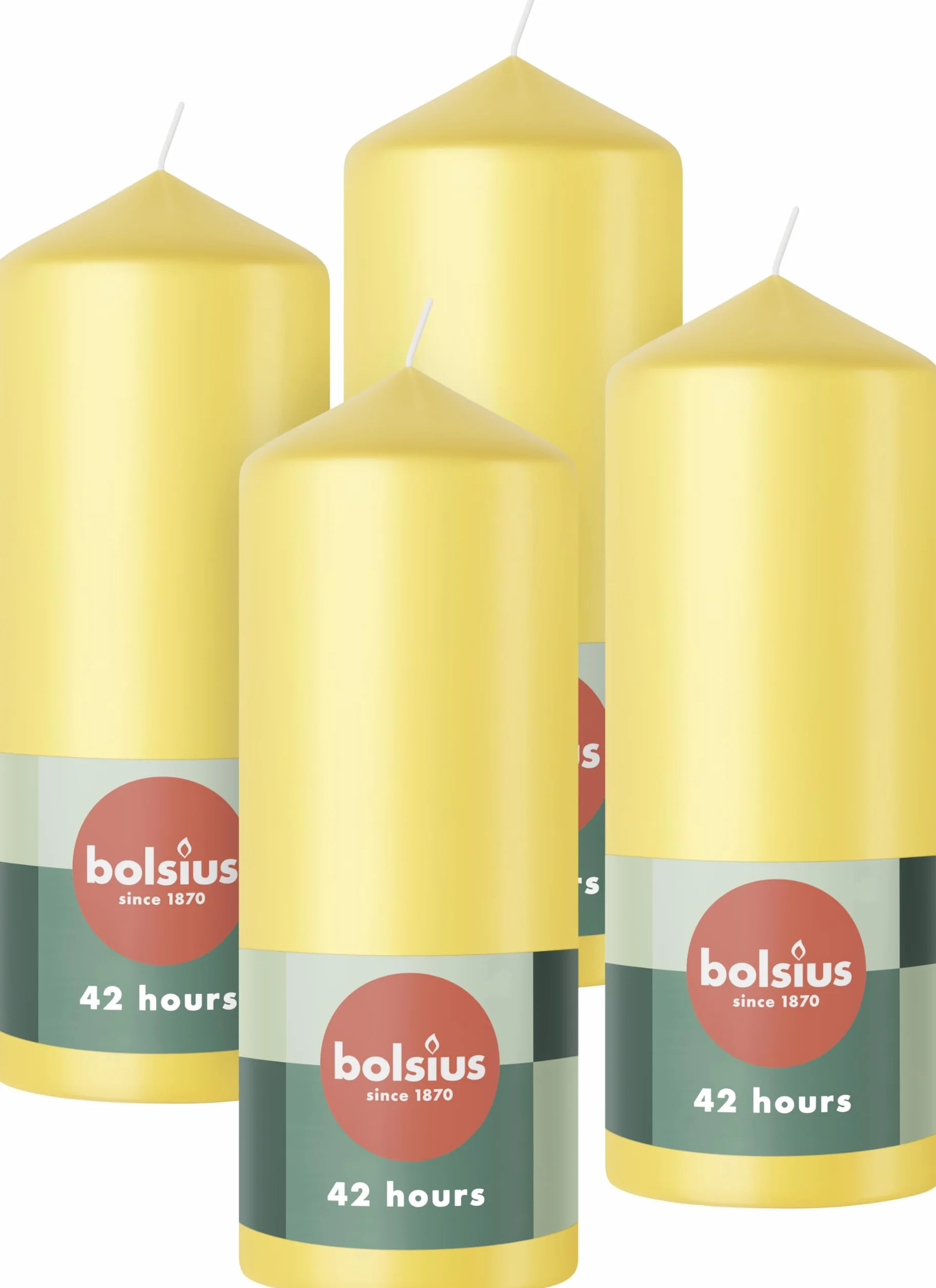 Bolsius Gładkie świece pieńkowe – żółte – 4 sztuki – 15 x 6 cm – dekoracyjne świece domowe – długość palenia 42 godziny – bezzapachowe – naturalny wosk roślinny – bez oleju palmowego