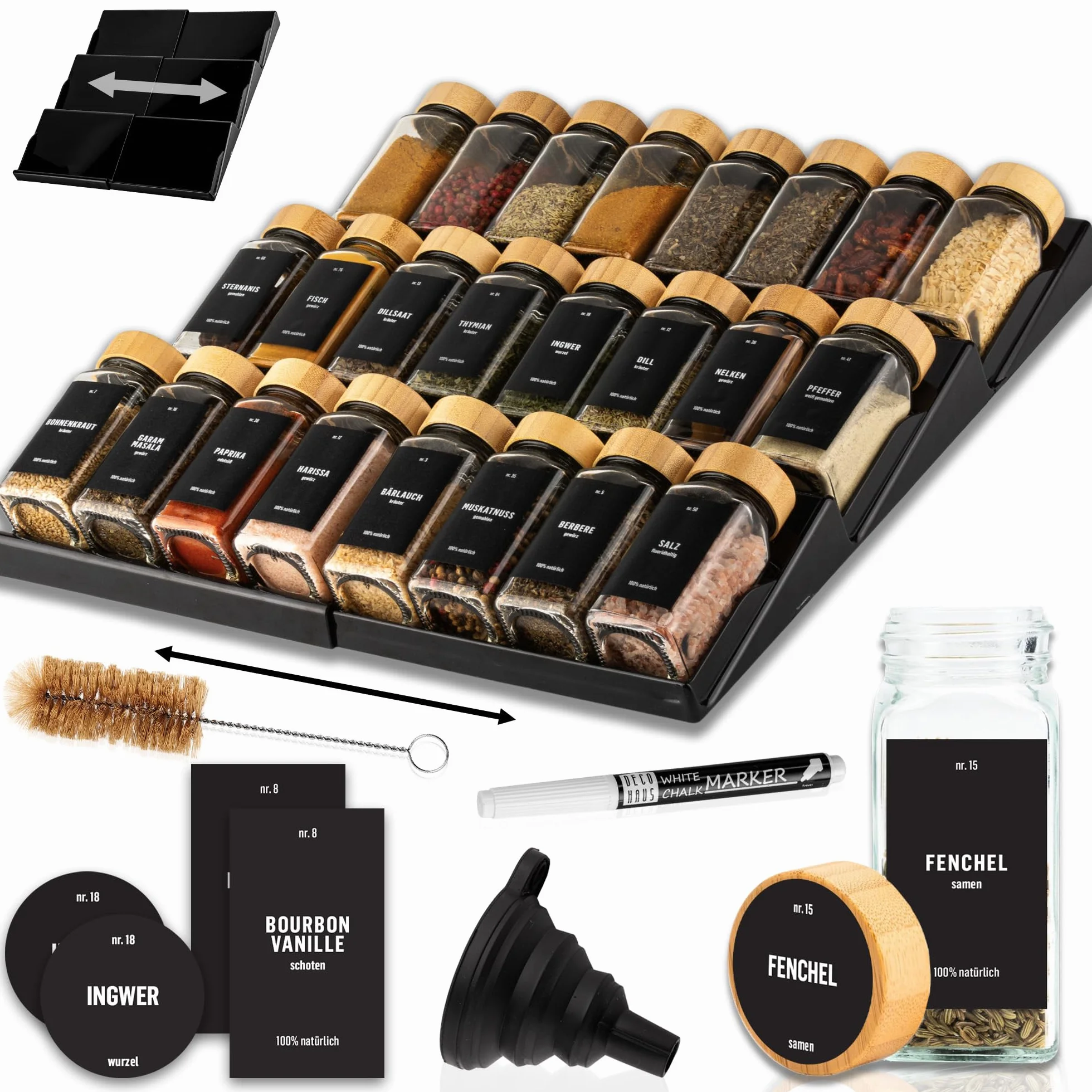 Deco Haus Organizer do Przechowywania Przypraw w Szufladzie 3 Poziomy Zestaw 24 Słoików 280 Etykiet