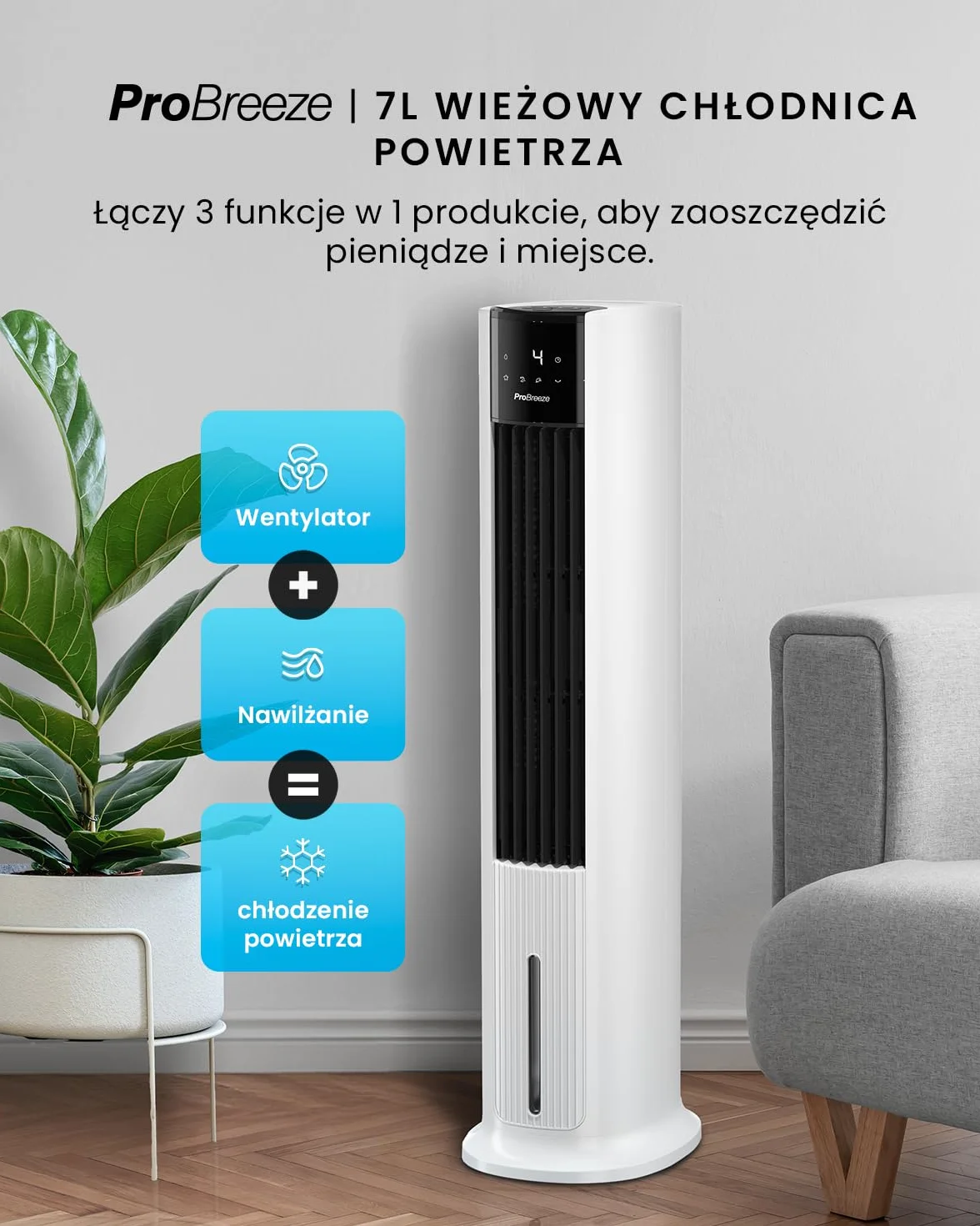 Pro Breeze OmniAir 7L 4w1 przenośny wentylator wieżowy z nawilżaczem, pilotem, oscylacją, 10-godzinnym timerem i trybem uśpienia