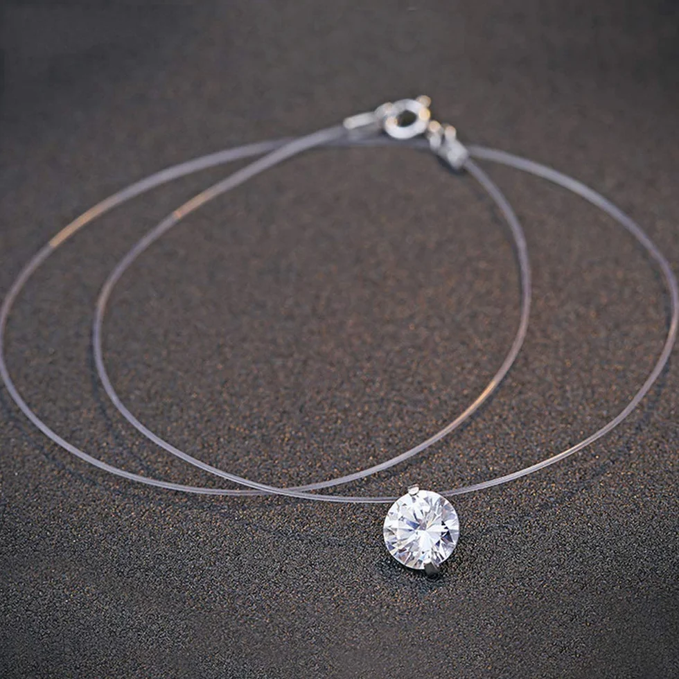 naszyjnik damski z „unoszącym się” kamieniem ze srebra wysokiej próby 925, 8 mm, cyrkonia, przezroczysty, nylonowy łańcuszek, choker, srebro wysokiej próby, cyrkonia,