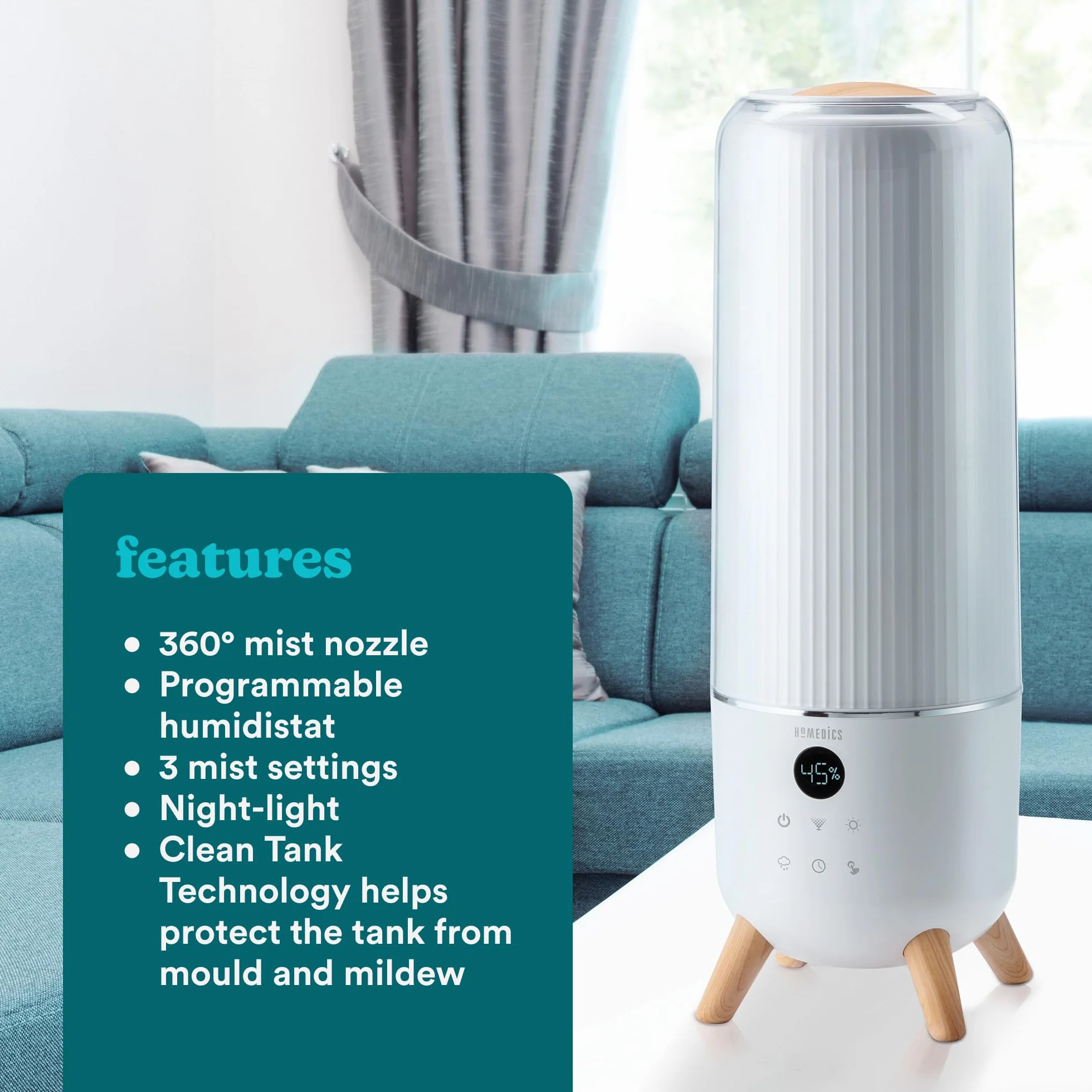 HoMedics TotalComfort Deluxe ultradźwiękowy nawilżacz powietrza, widoczna zimna mgiełka, wypełnienie od góry 5,6 l, mgiełka 360°, idealny do pomieszczeń rodzinnych i sypialni, olejek eteryczny