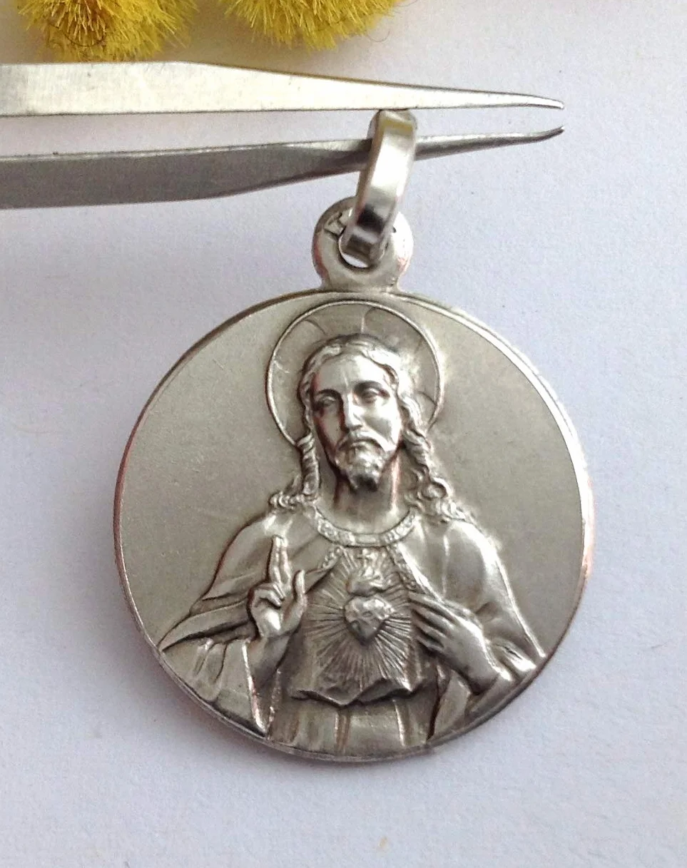 I G J Srebro wysokiej próby 925 Medal Najświętszego Serca Jezusa, Srebro szterlingowe, Bez kamieni szlachetnych