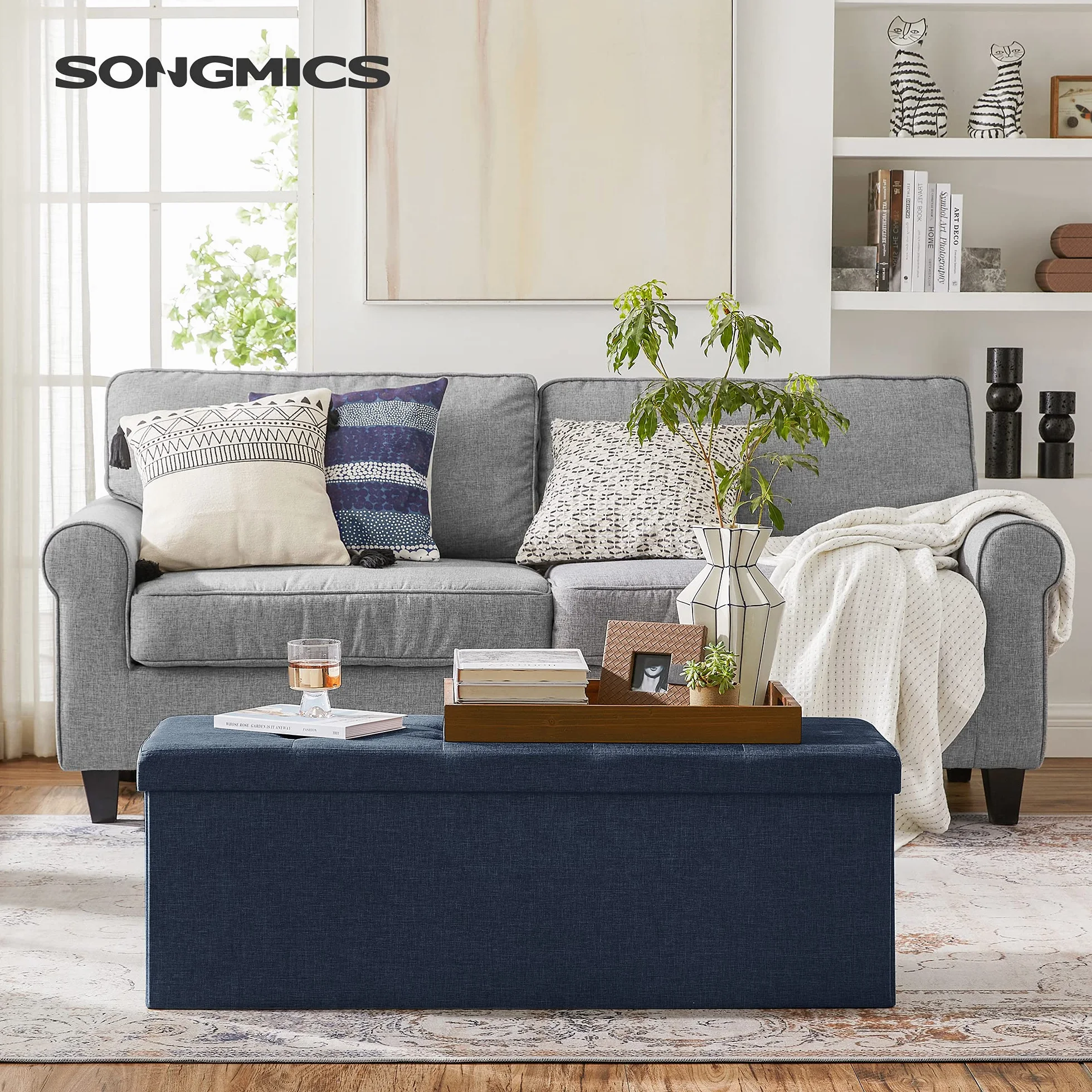 SONGMICS Skrzynia do przechowywania Ottoman 110 x 38 cm 300 kg niebieski nocny LSF77IN