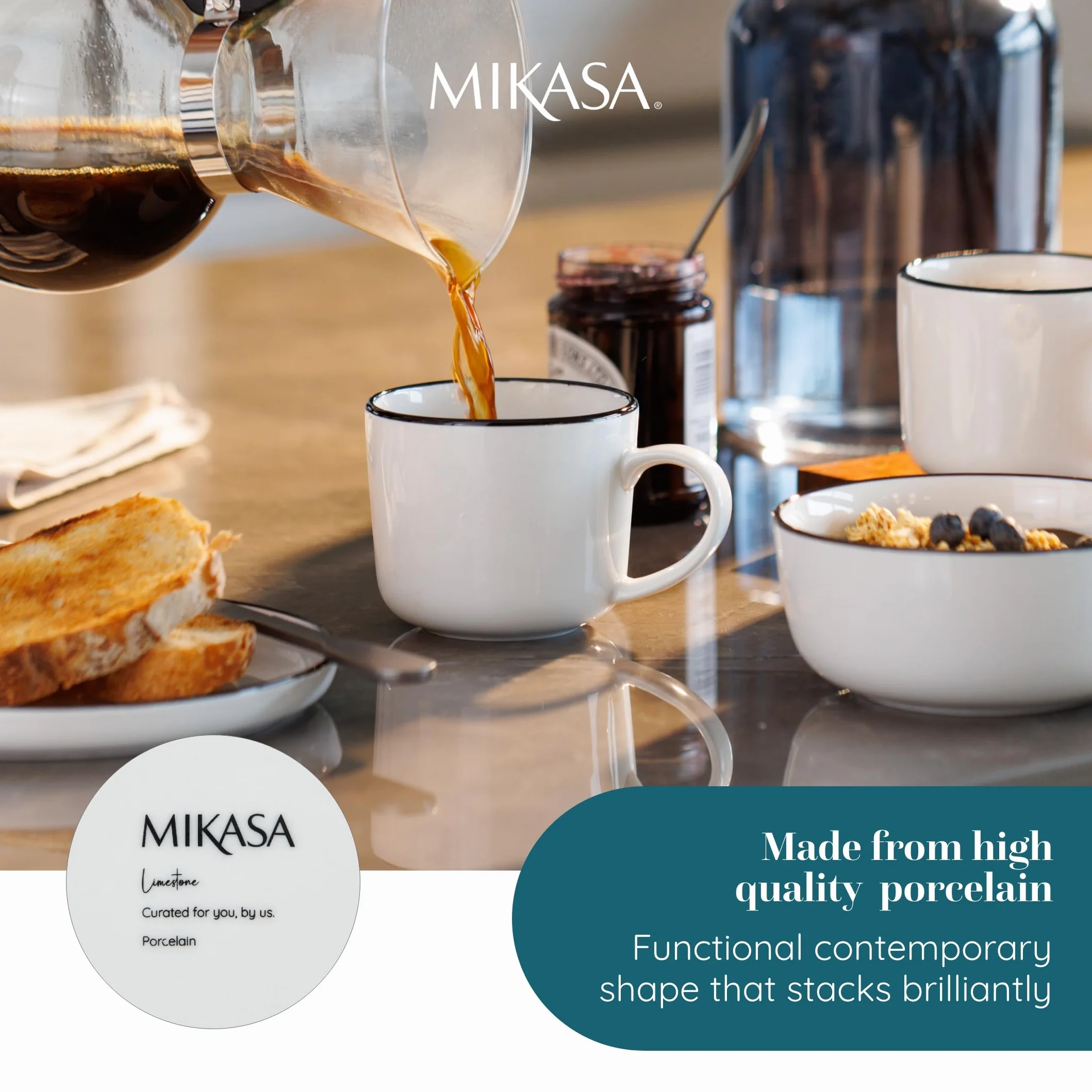 Mikasa Limestone Zestaw porcelanowych kubków 4x 360 ml czarna obwódka do kawy i herbaty