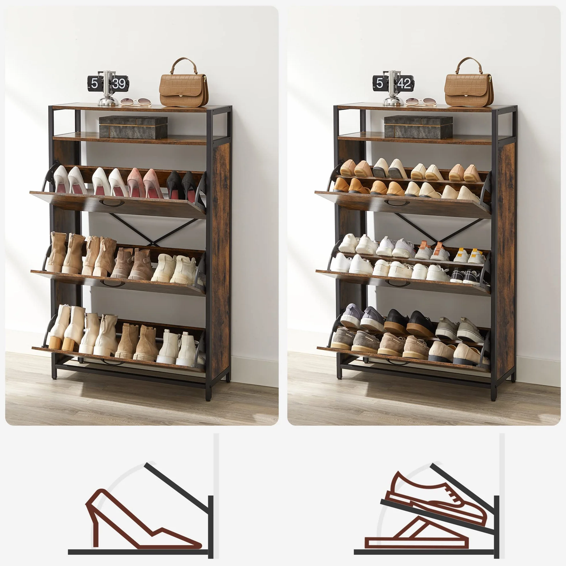 VASAGLE Szafka na buty 80x30x130 cm z 3 drzwiami, rustykalny brąz i czarny