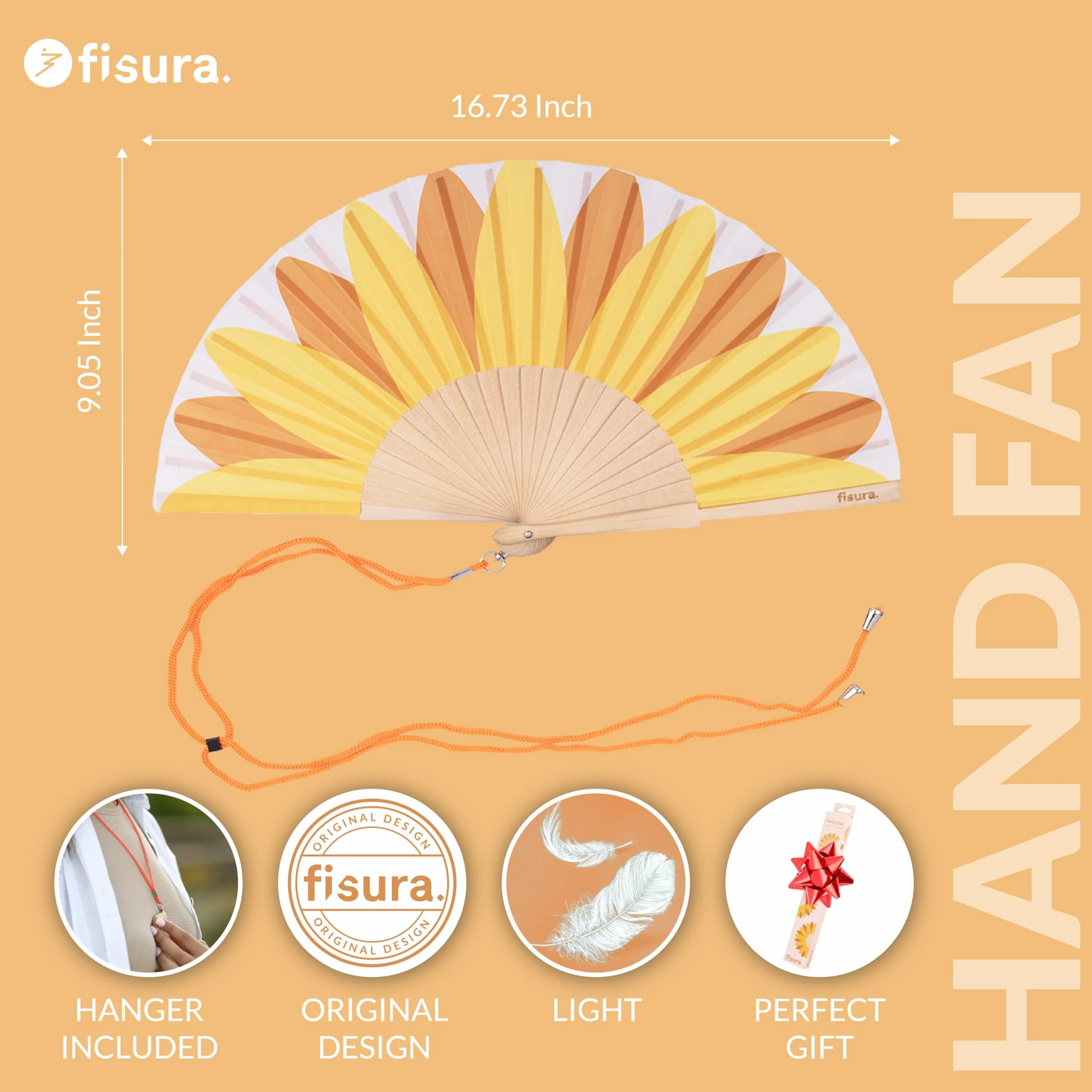 Fisura – Oryginalny wachlarz z motywem słonecznika, modny i kolorowy. Drewniany model w żółtym odcieniu. W zestawie pasek do zawieszenia. Wymiary: 42,5 x 23 cm