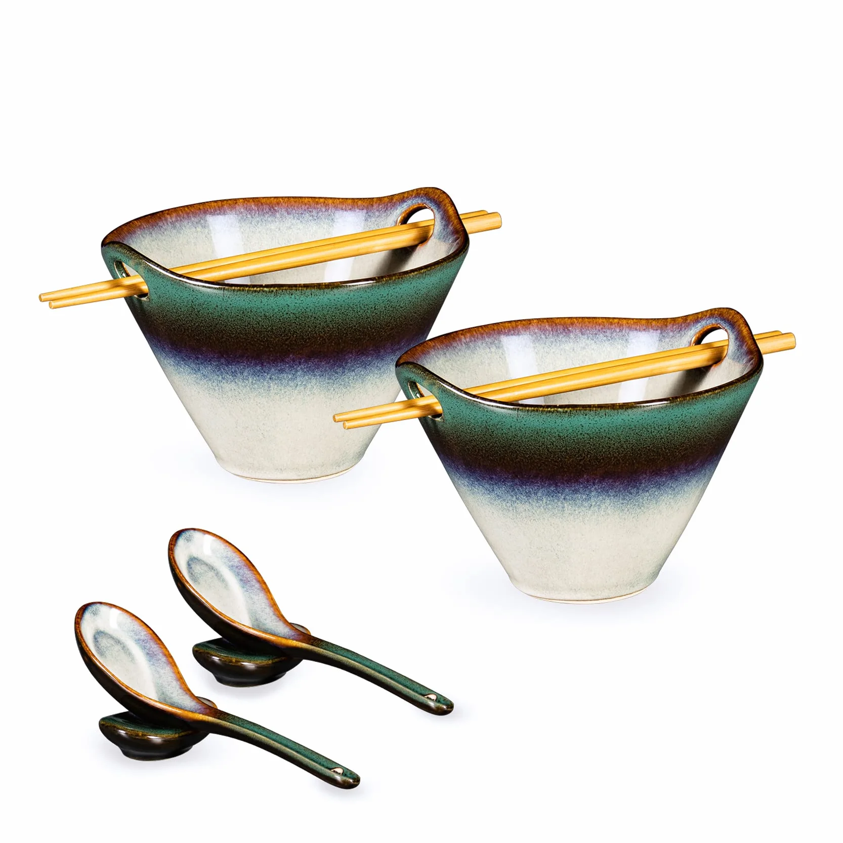 HENXFEN LEAD Porcelanowe miski do Ramen, zestaw 2 sztuki po 600 ml, japońskie ceramiczne miski do zupy z pałeczkami i łyżką do zupy, sałatki, makaronu, płatków zbożowych i makaronu - zielone