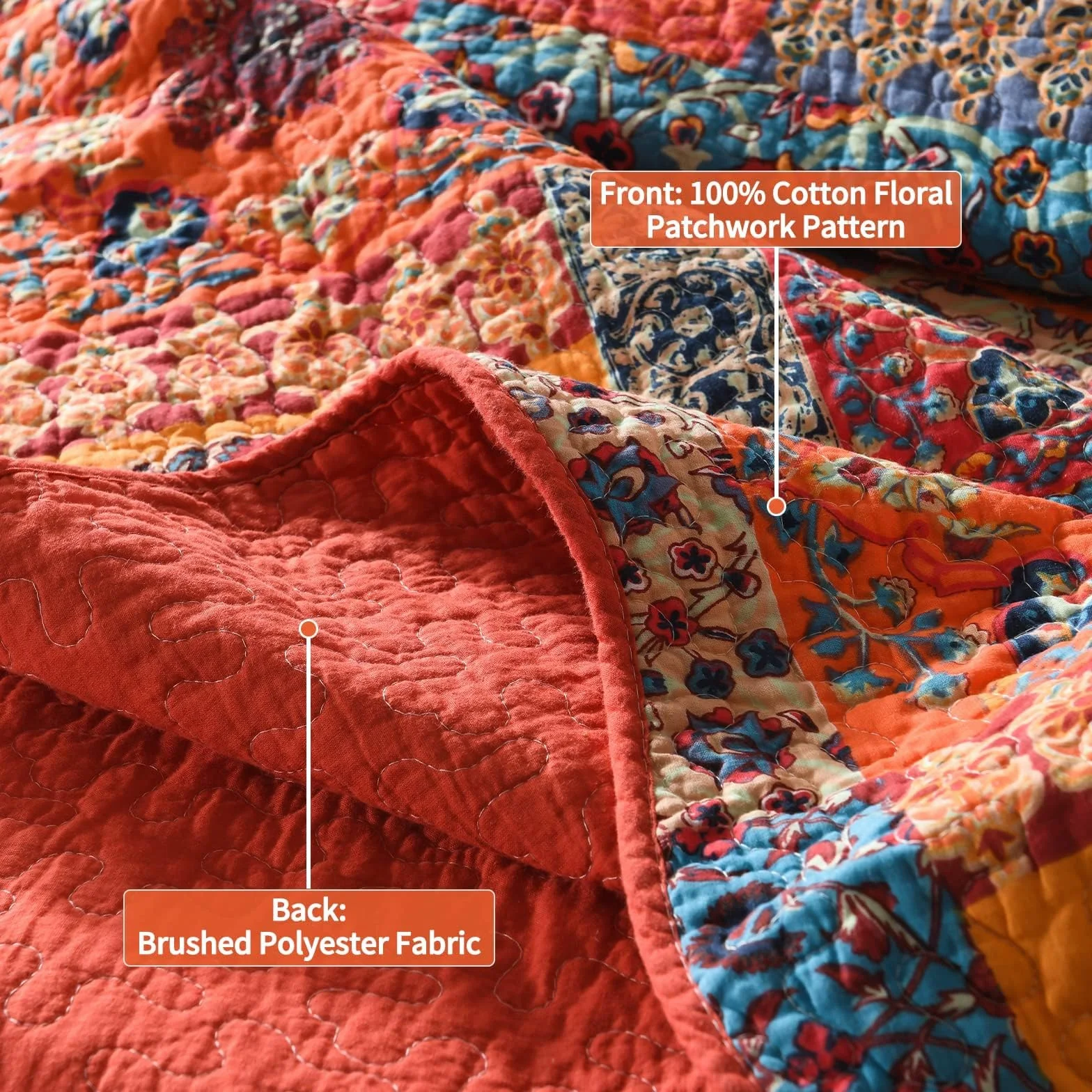 Qucover Pojedyncze narzuty na łóżko bawełniana mikrofibra patchworkowa 150 x 200 cm pikowane pomarańczowe niebieskie