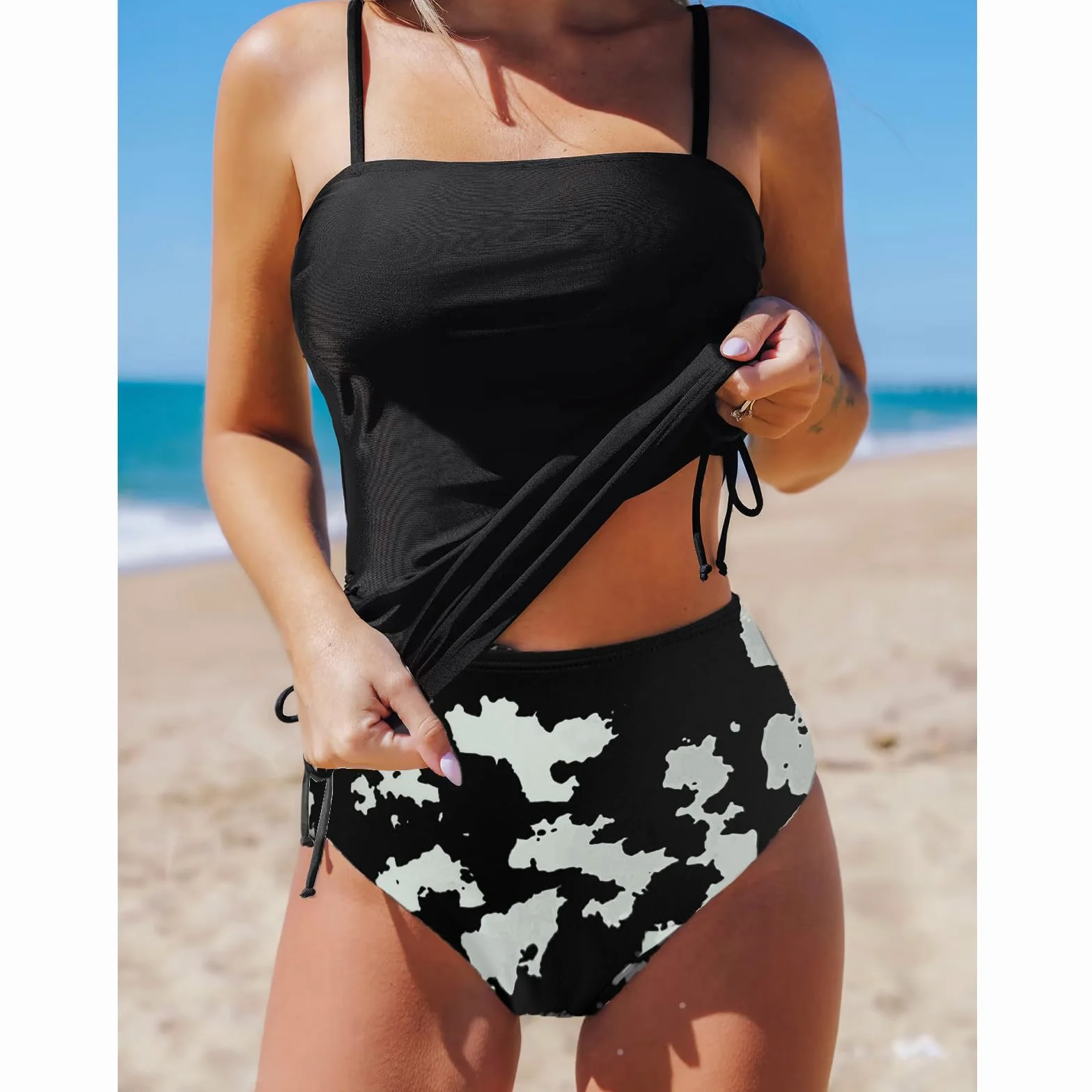 SYKT Damski zestaw tankini ze ściągaczem, wysoki stan, tankini, moda kąpielowa, z nadrukiem, dwuczęściowy strój kąpielowy