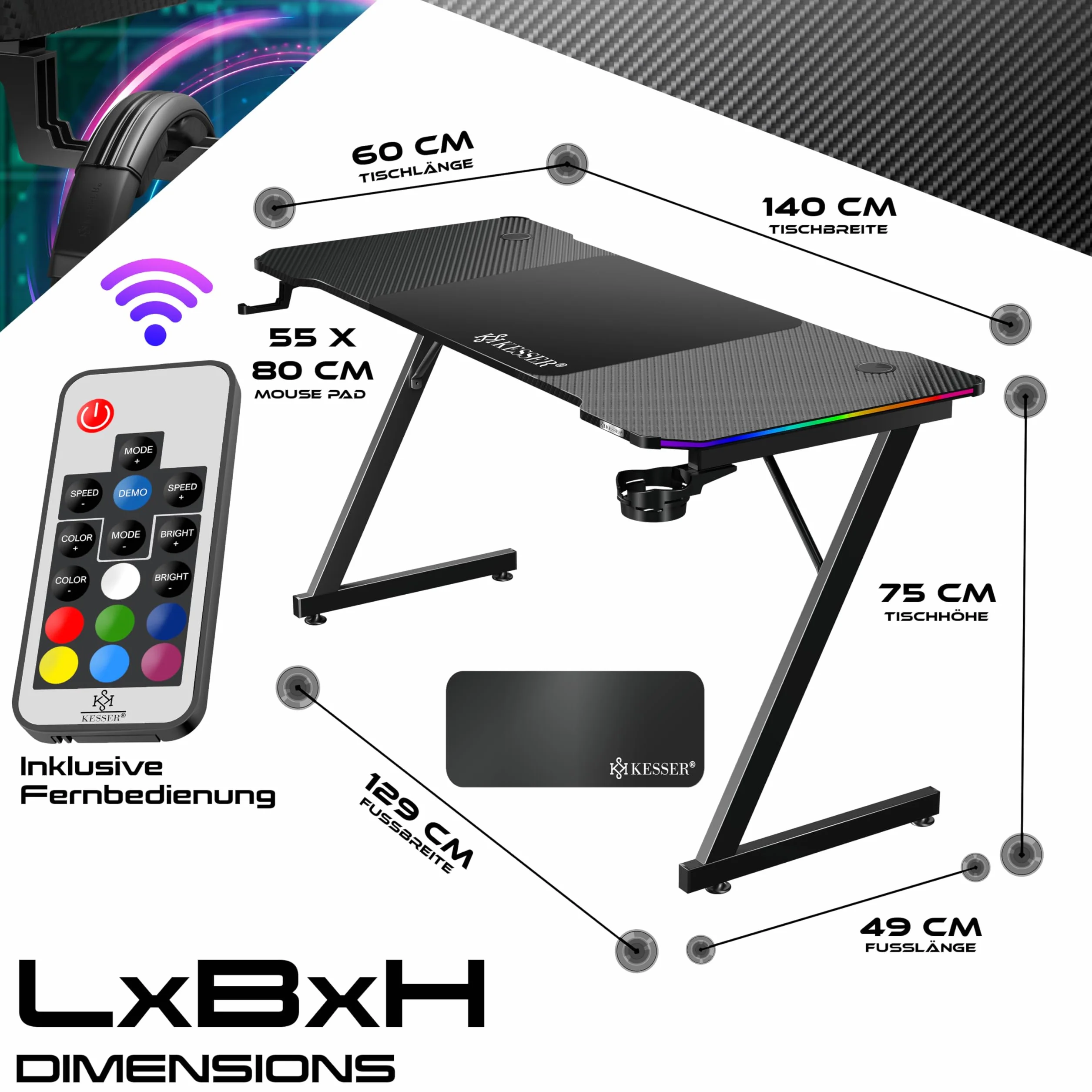 KESSER Stół gamingowy LED 140x60 cm czarny, biurko w kształcie Z