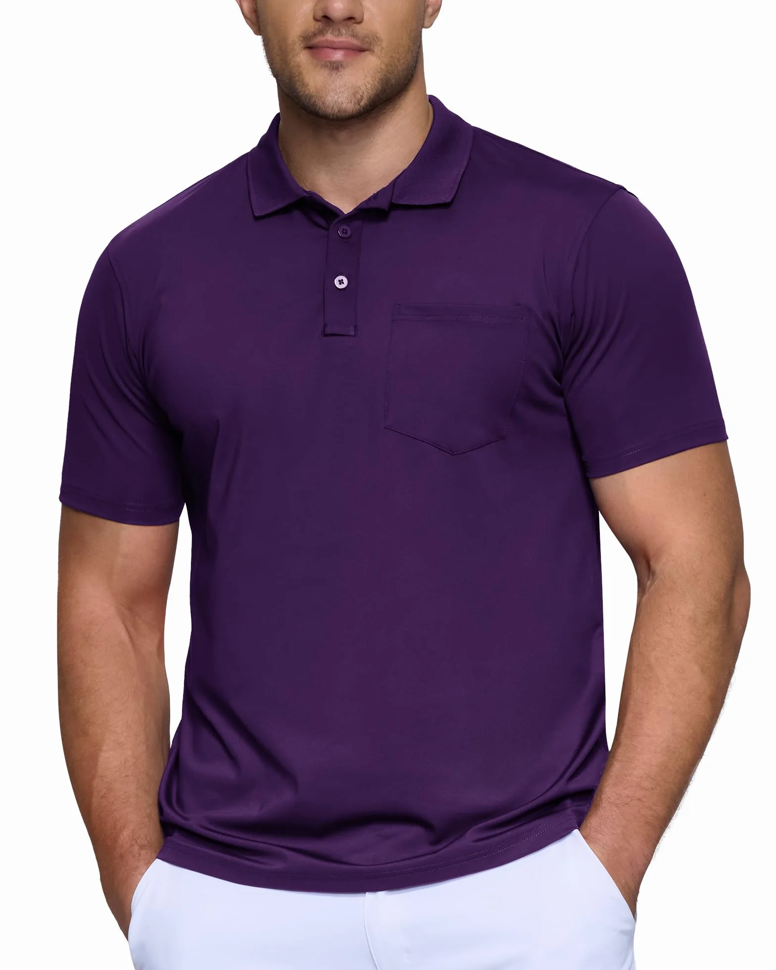 Outdoor Ventures Męska koszulka polo z kieszenią na piersi, letnia koszulka golfowa UPF50+, ochrona przed słońcem, krótki rękaw, szybkoschnąca, koszulka sportowa, jednokolorowa koszulka polo dla