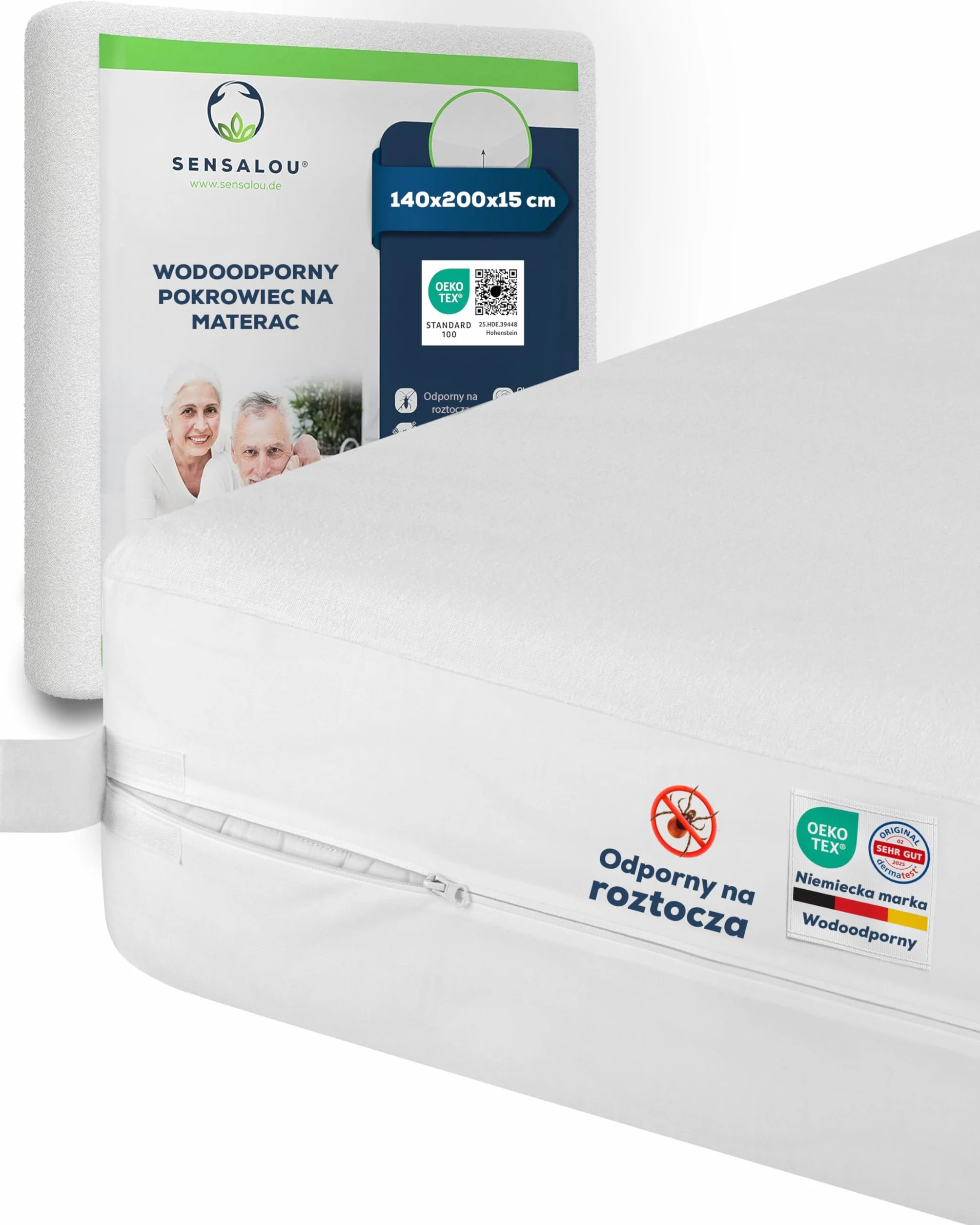 Sensalou Pokrowiec na Materac Wodoodporny i Antyalergiczny przeciw Roztoczom i Pluskwom, Ochraniacz Materaca dla Alergików, Miękka Frotte z Zamkiem (140 x 200 cm, 20 cm)