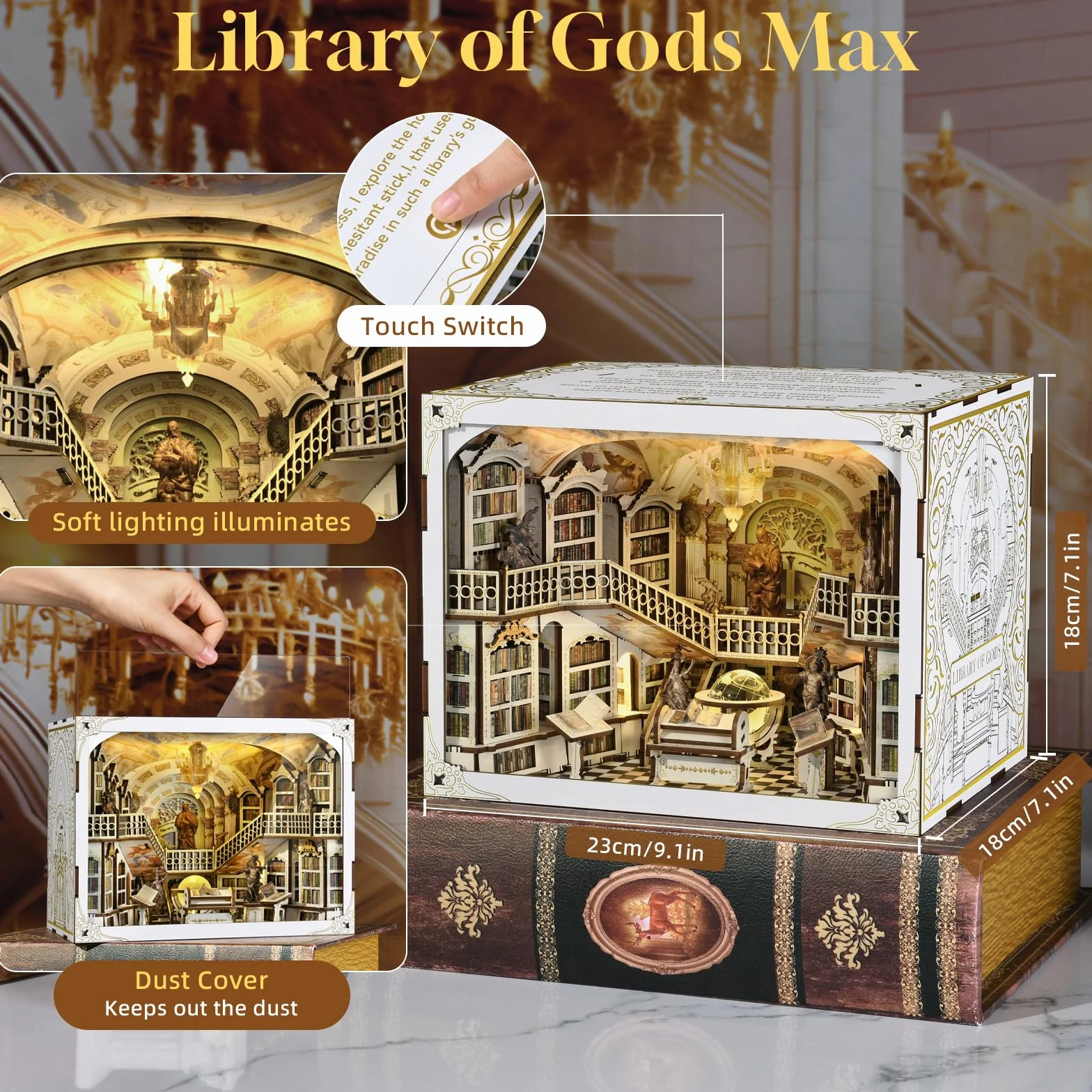 MiniCity Book Nook Kit, miniaturowy domek dla lalek, zestaw książek, drewniane puzzle 3D, podpórka na książki, dekoracja z oświetleniem LED, dla młodzieży i dorosłych (Library of Gods Max)