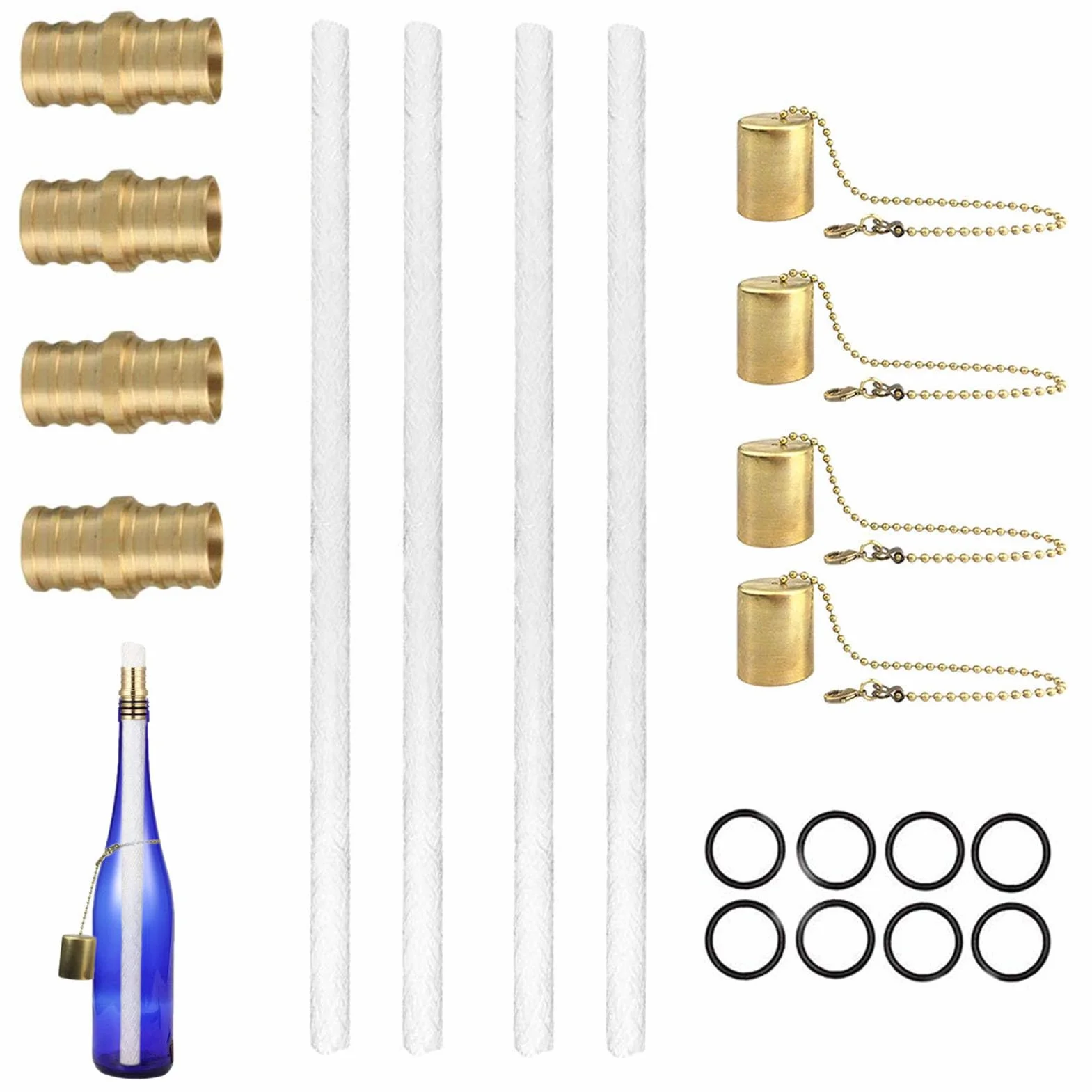 Generisch Zapasowy knot do lampy olejowej, pochodni ogrodowej, knotów do pochodni wina, zestaw knotów do pochodni butelkowej, (4 klosze + 4 knoty + 4 uchwyty knoty z mosi?dzu + 8 pier?cieni