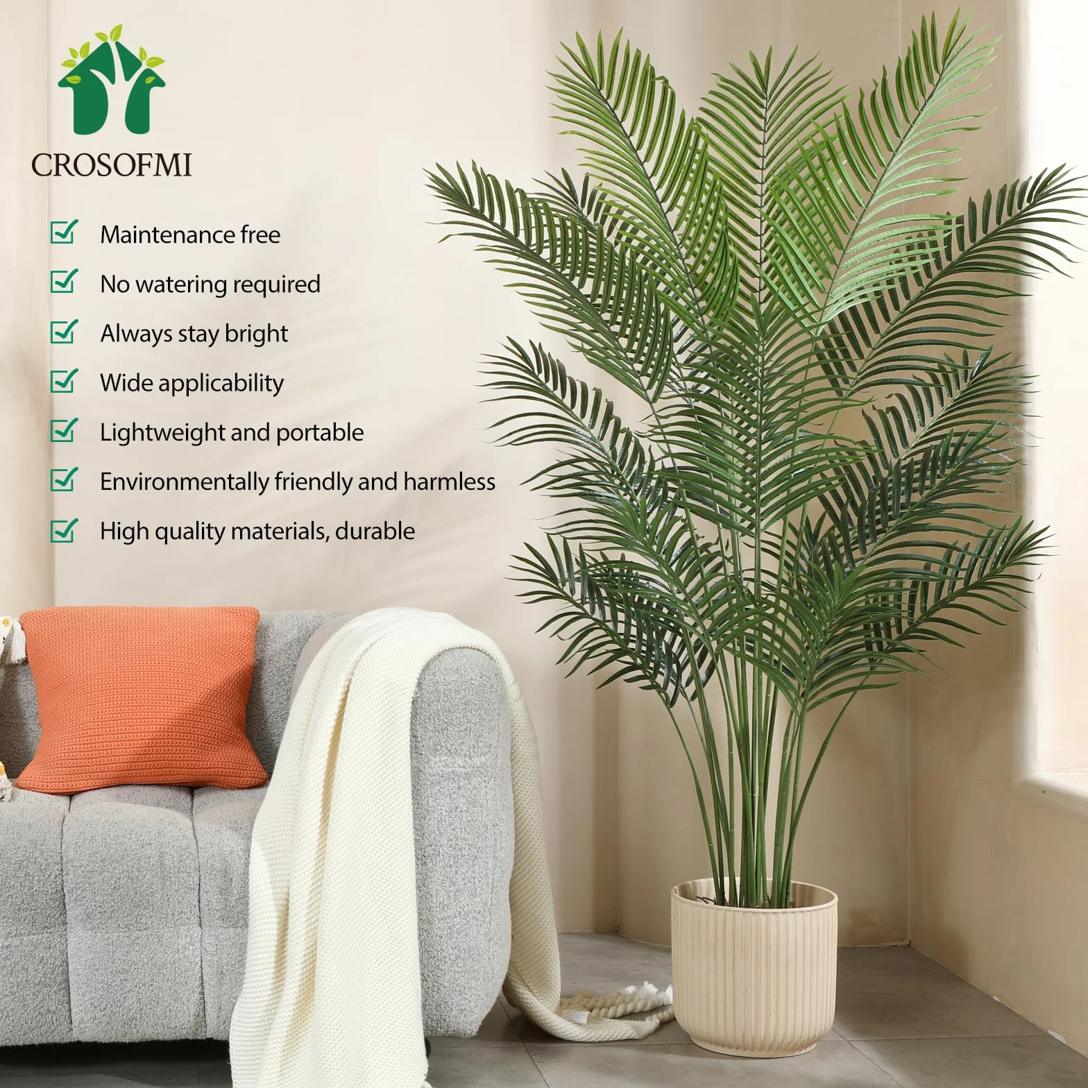 CROSOFMI Sztuczna palma Areca, 160 cm, sztuczna palma tropikalna, idealna sztuczna dypsis Lutescens, rośliny w doniczce, do wewnątrz, na zewnątrz, do domu, biura, ogrodu, nowoczesna dekoracja, prezent