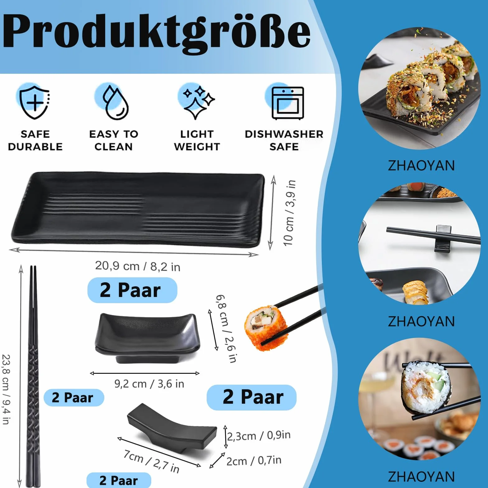Zestaw 8 japońskich naczyń do sushi, talerze z miseczkami do dipów, 2 pary pałeczek, 2 półki