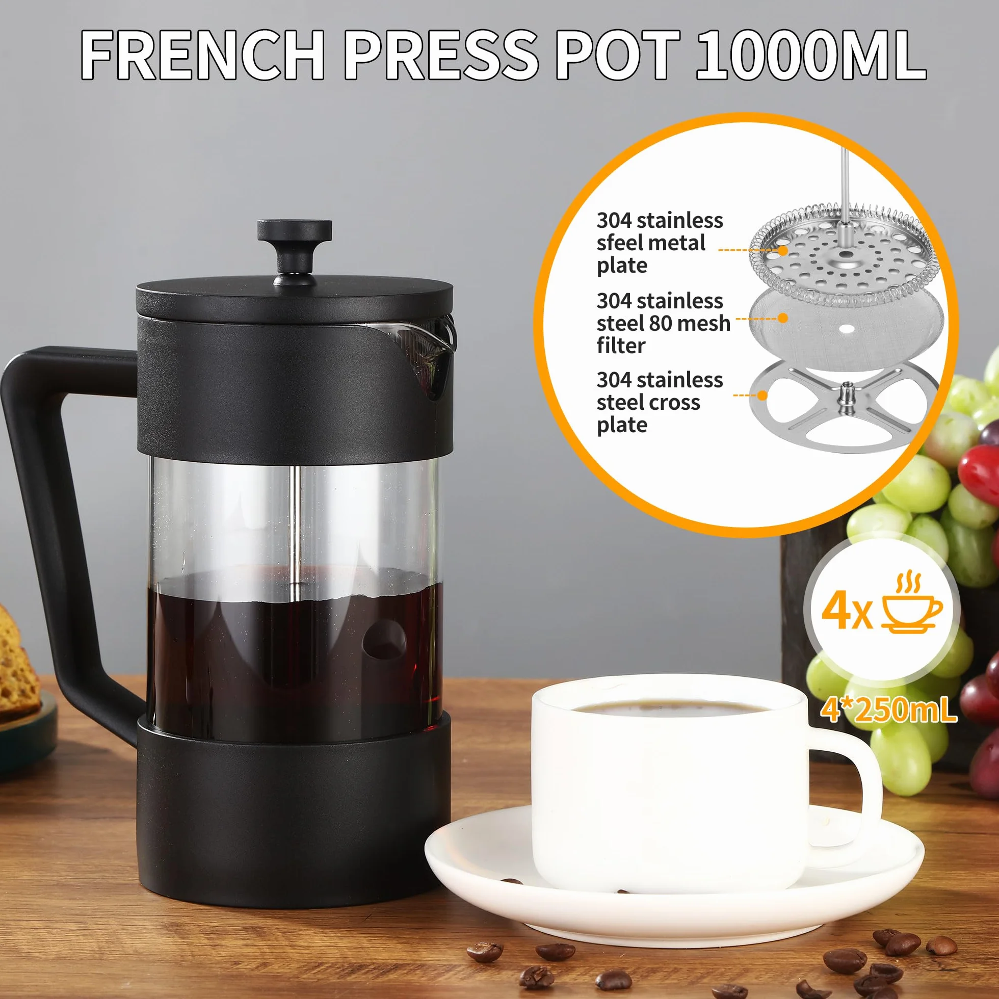 Ekspres do kawy French Press 1000 ml,prasa do kawy,filtr ze stali nierdzewnej