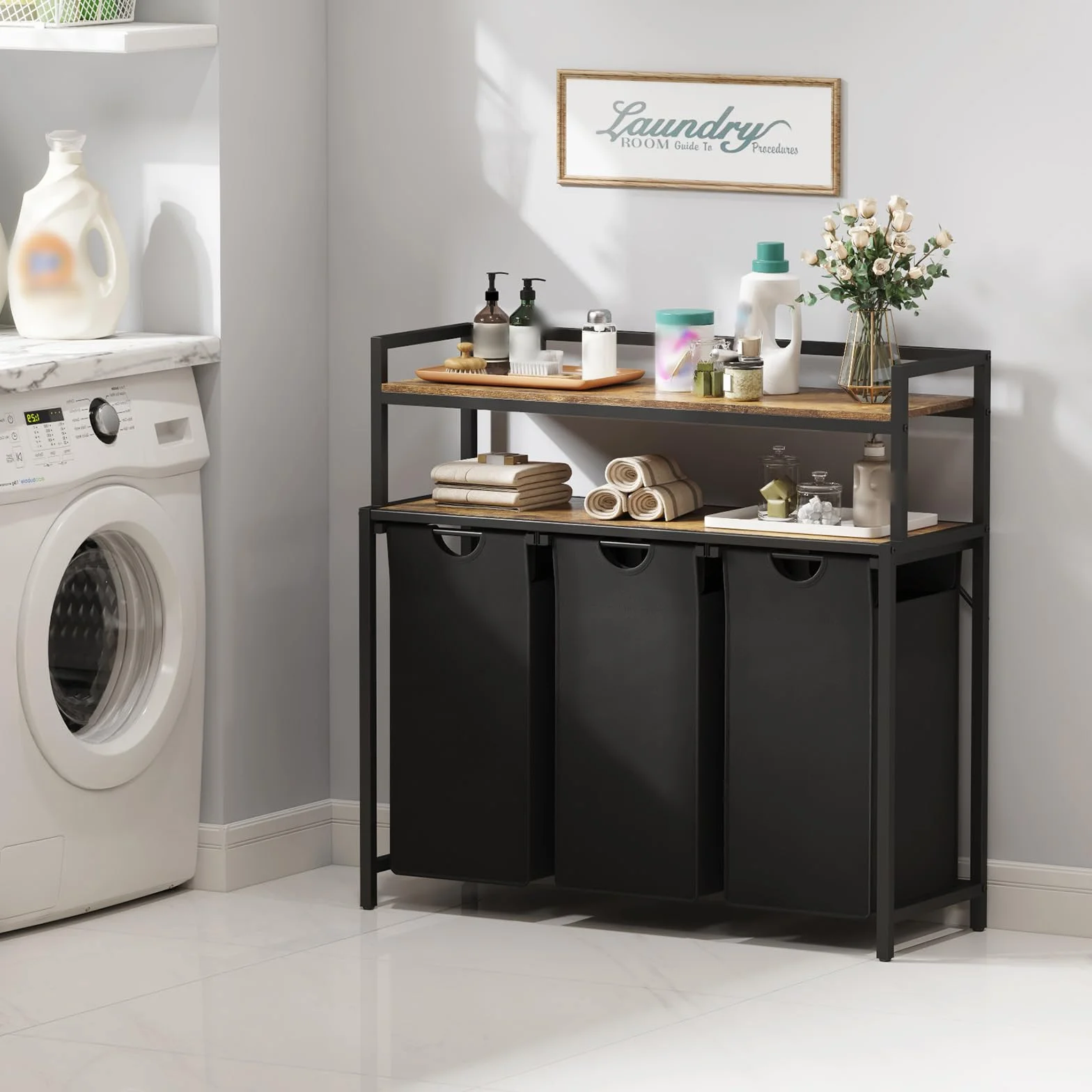 Lifewit Laundry Hamper 3 Section 120L with 2 Shelves and Removable Bags