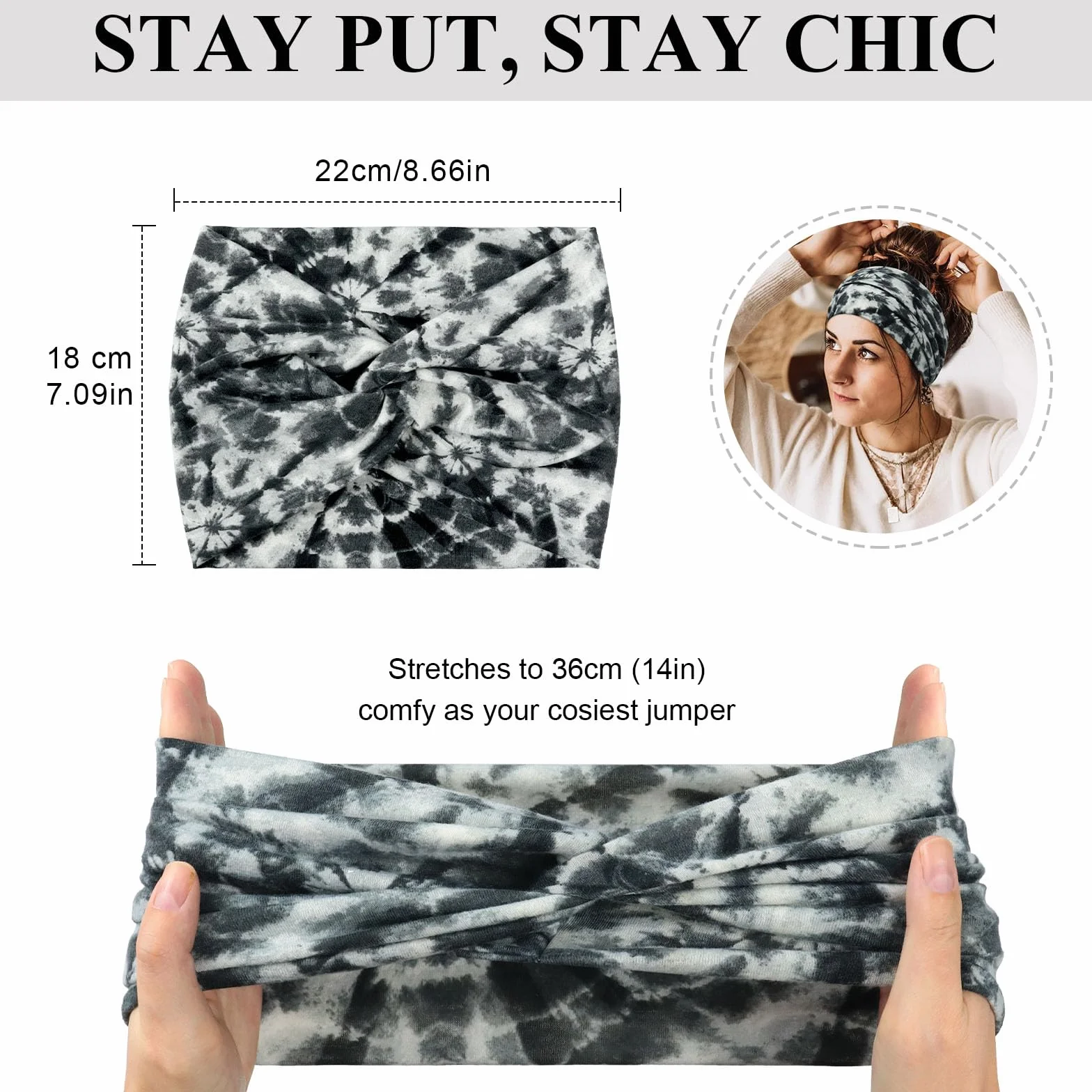 Kavya Opaska na Głowę Damska, Bandana Print, 4 Sztuki, 10 cm Szerokości, Elastyczna, Boho Style, do Jogi i Sportu (Niebieski, brązowy, szary, zielony)