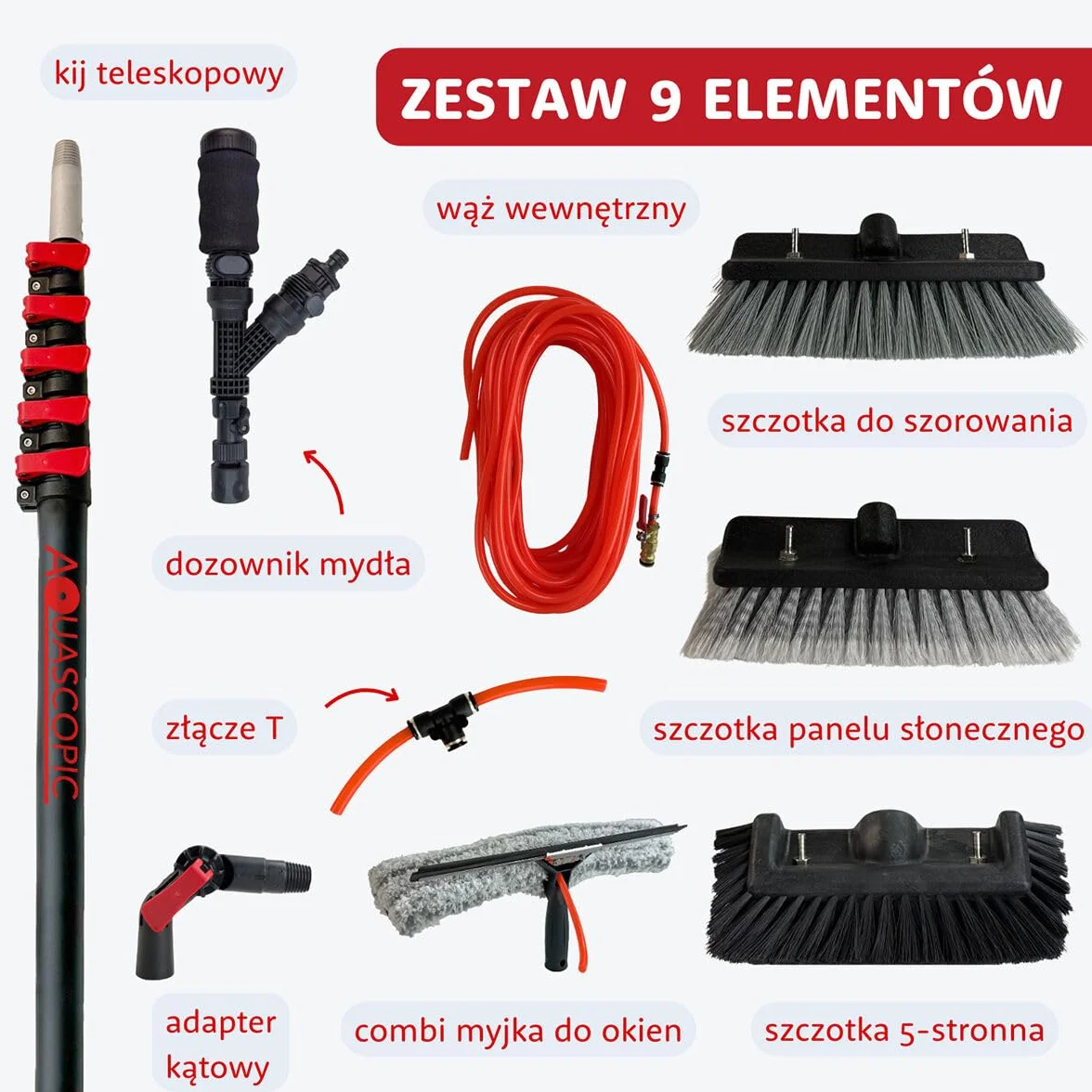 Aquascopic Aluminiowy drążek teleskopowy 7,2 m All-in-One ze szczotką do paneli słonecznych, 5-powierzchniową szczotką, szczotką do szorowania i myjką Combi – profesjonalny czyściciel