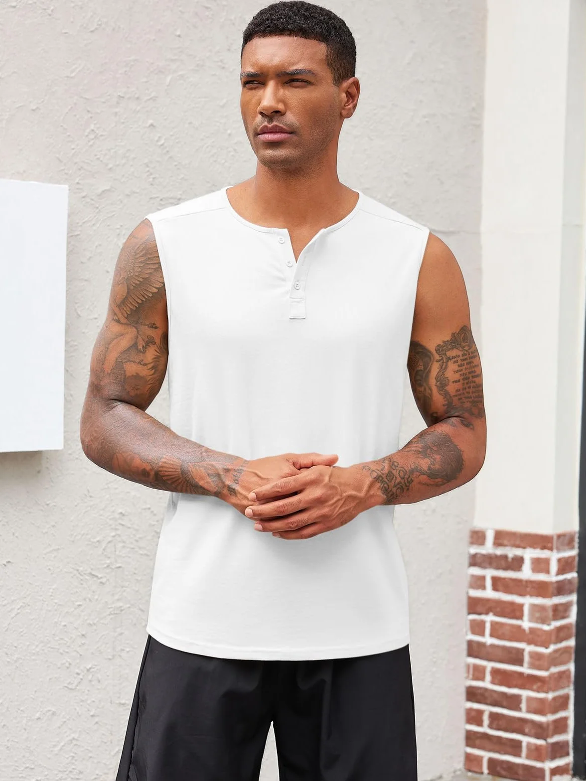 Runcati Męski tank top bez rękawów, na siłownię, fitness, Henley, jednokolorowy, slim fit, koszulka mięśniowa, luźna, basic, na lato, na plażę
