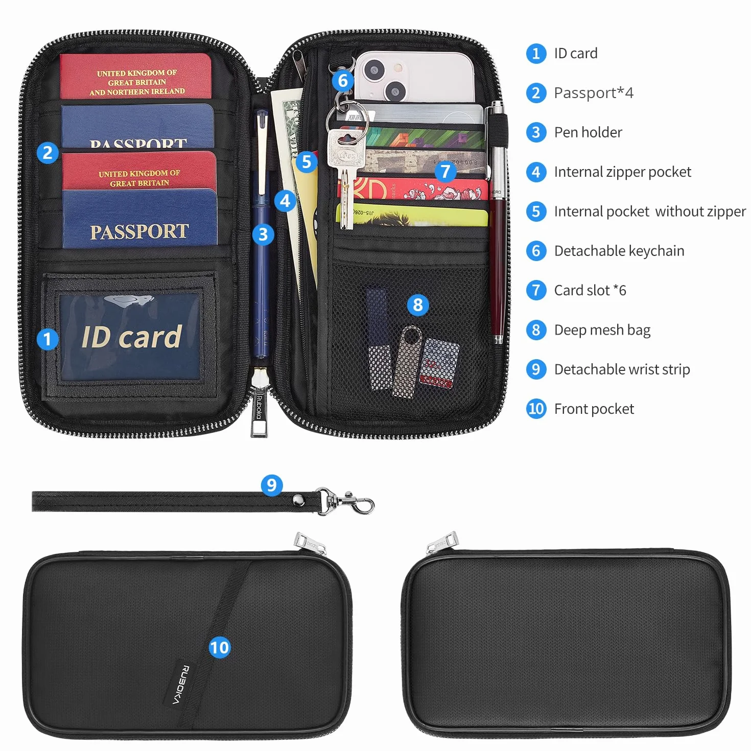 ruboka Ognioodporne etui na paszport blokujący RFID (10,9 x 21,8 cm), rodzinne etui na paszport, wodoszczelne, organizer na dokumenty podróżne, kopertówka dla mężczyzn i kobiet