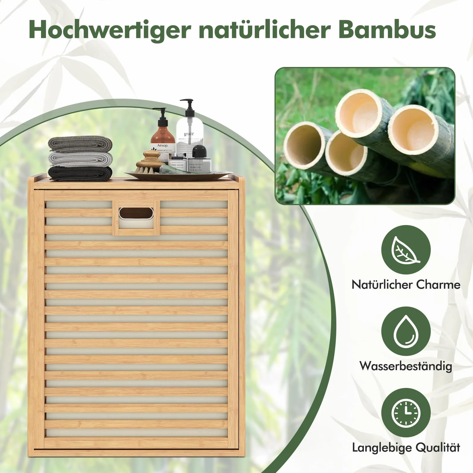 COSTWAY Regał łazienkowy z koszem na pranie 68 l bambusowy naturalny 50x35x64