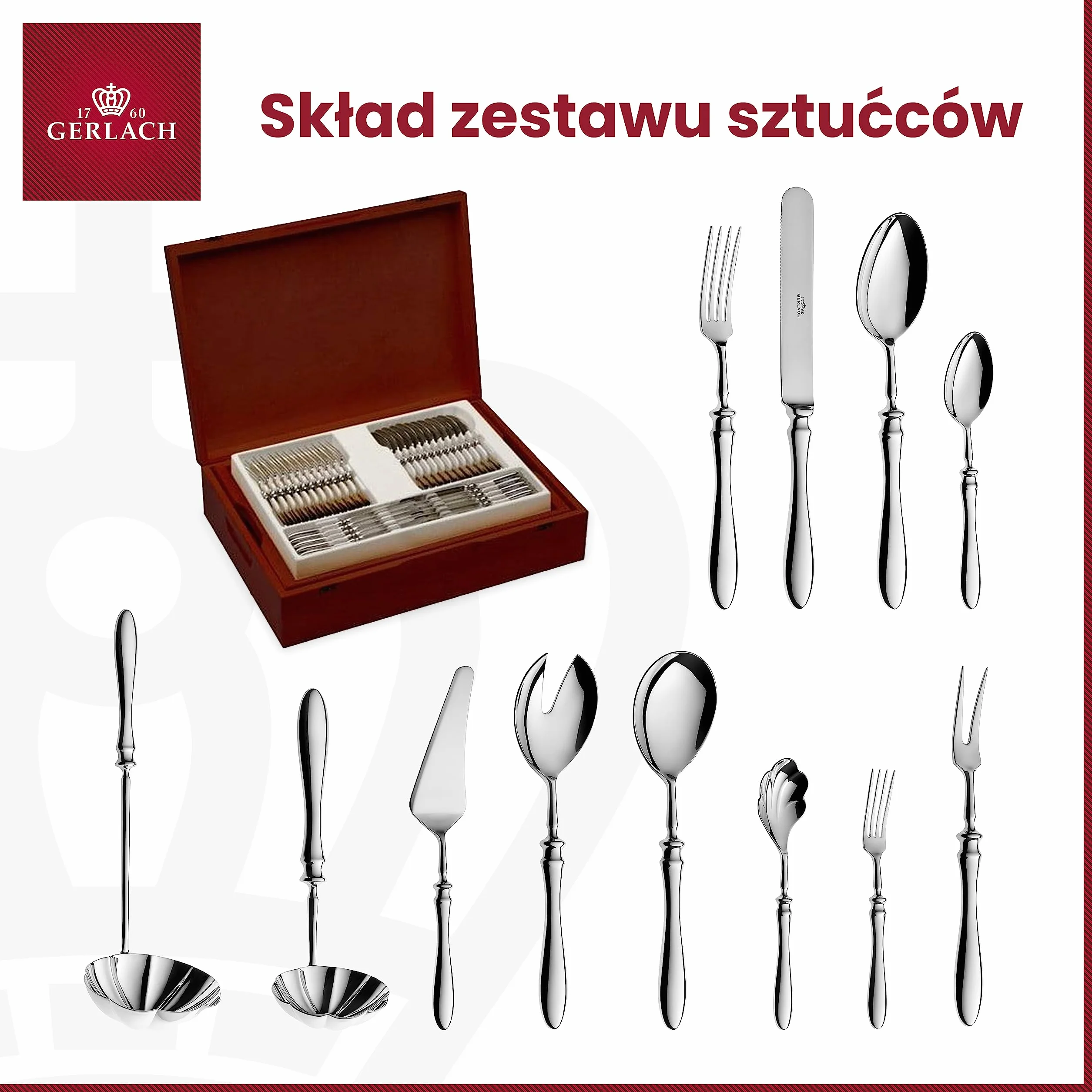 Gerlach Retro Zestaw Sztućców Dla 12 Osób Ze Stali Szlachetnej Nierdzewny Komplet Łyżka Widelec Nóż Obiadowy Łyżeczka Widelczyk Łopatka do Tortu Łyżka do Sałaty Do Zmywarki Połysk 68 El