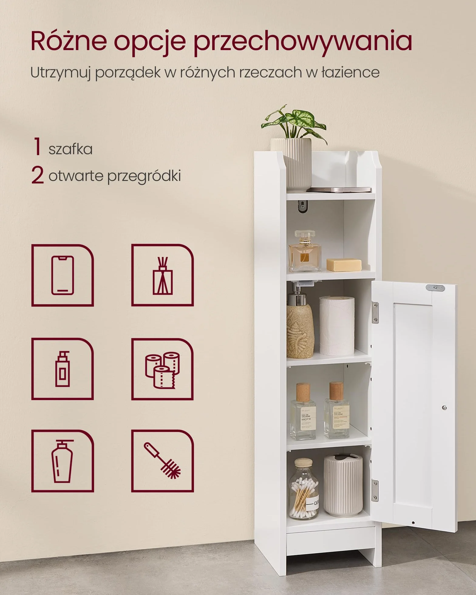 VASAGLE szafka pod toaletę, szafka łazienkowa, szafka łazienkowa, wąska półka łazienkowa, regulowane półki, oszczędność miejsca, łatwy montaż, biały BBC310W01